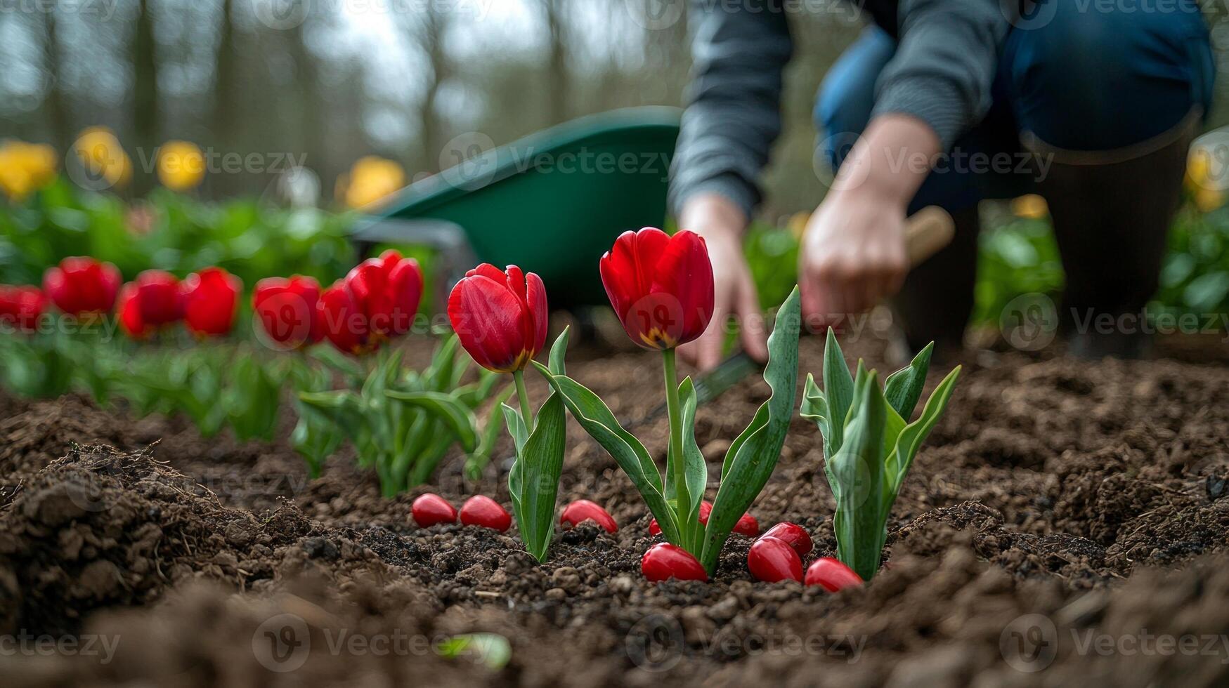 In garden during spring person is seen planting tulip bulbs in neat rows. Gardening tools and wheelbarrow are positioned in background ready for use photo