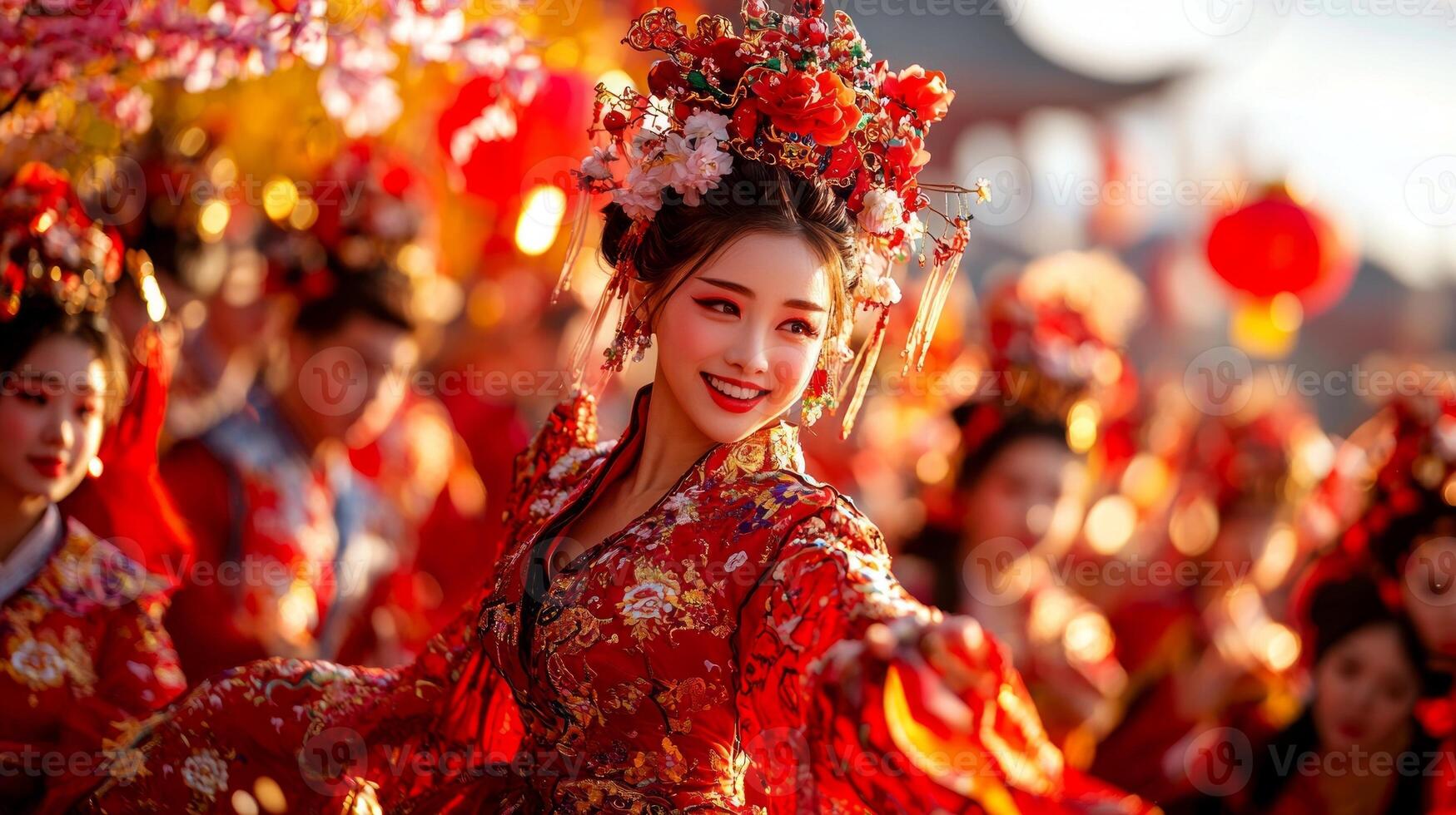 Participants in traditional costumes dance joyfully during spring festival celebration in China. event is surrounded cherry blossom trees and colorful lanterns photo