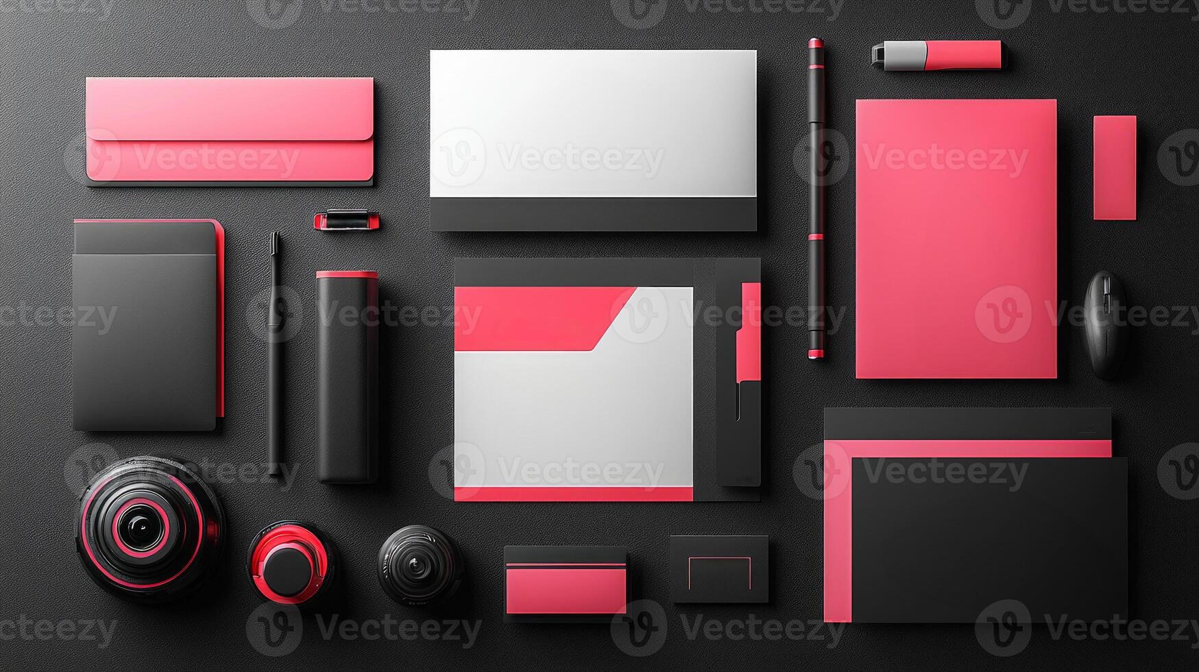 Showcasing branding package mockup includes business cards letterhead and envelopes arranged on modern black surface highlighting design and presentation photo