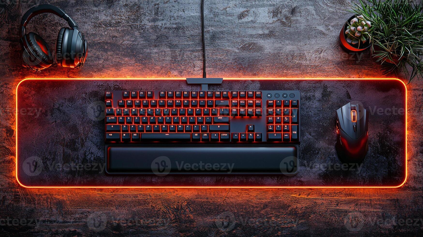 Wide shot features sleek gaming desk setup customizable LED lighting. scene includes mechanical keyboard gaming mouse and headphones arranged for immersive gaming experience photo