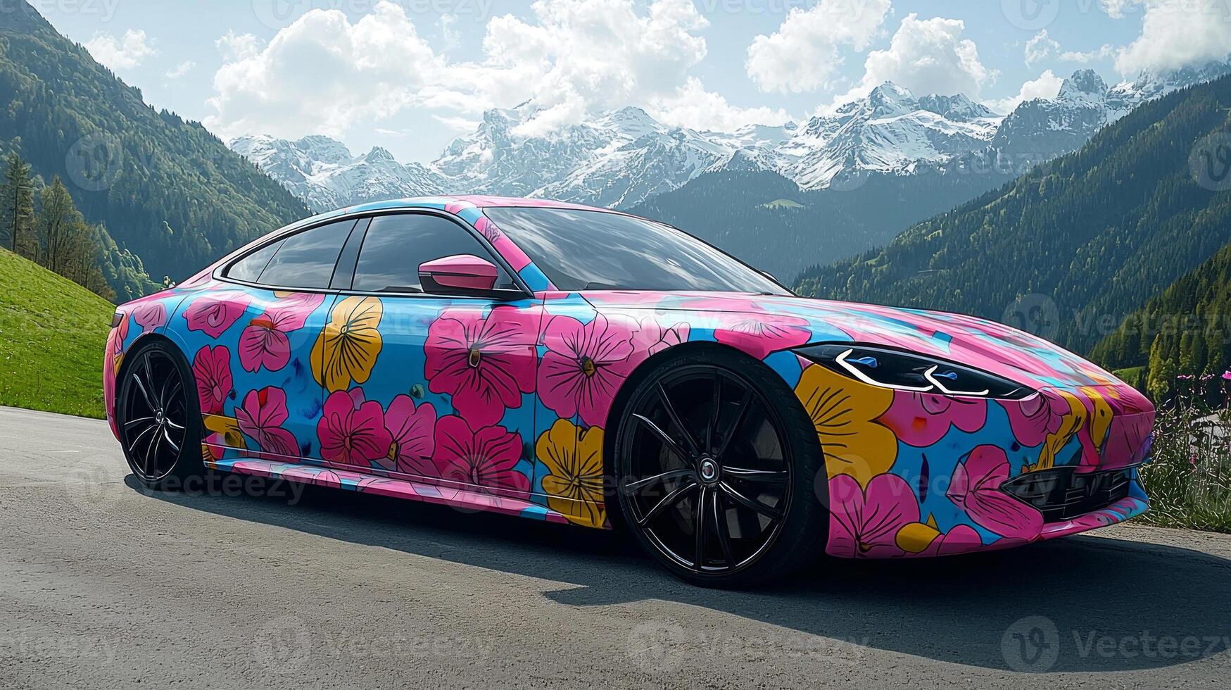unique car featuring bright floral design is showcased on scenic mountain road surrounded lush greenery and majestic peaks clear sky photo