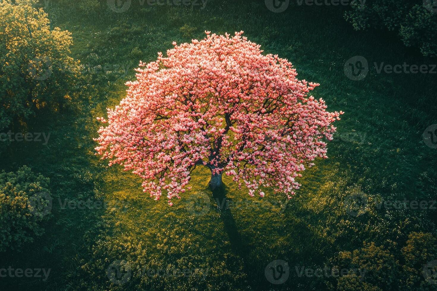 stunning magnolia tree showcases large soft petals in shades of pink and white creating beautiful canopy above lush green grass illuminated afternoon sunlight photo