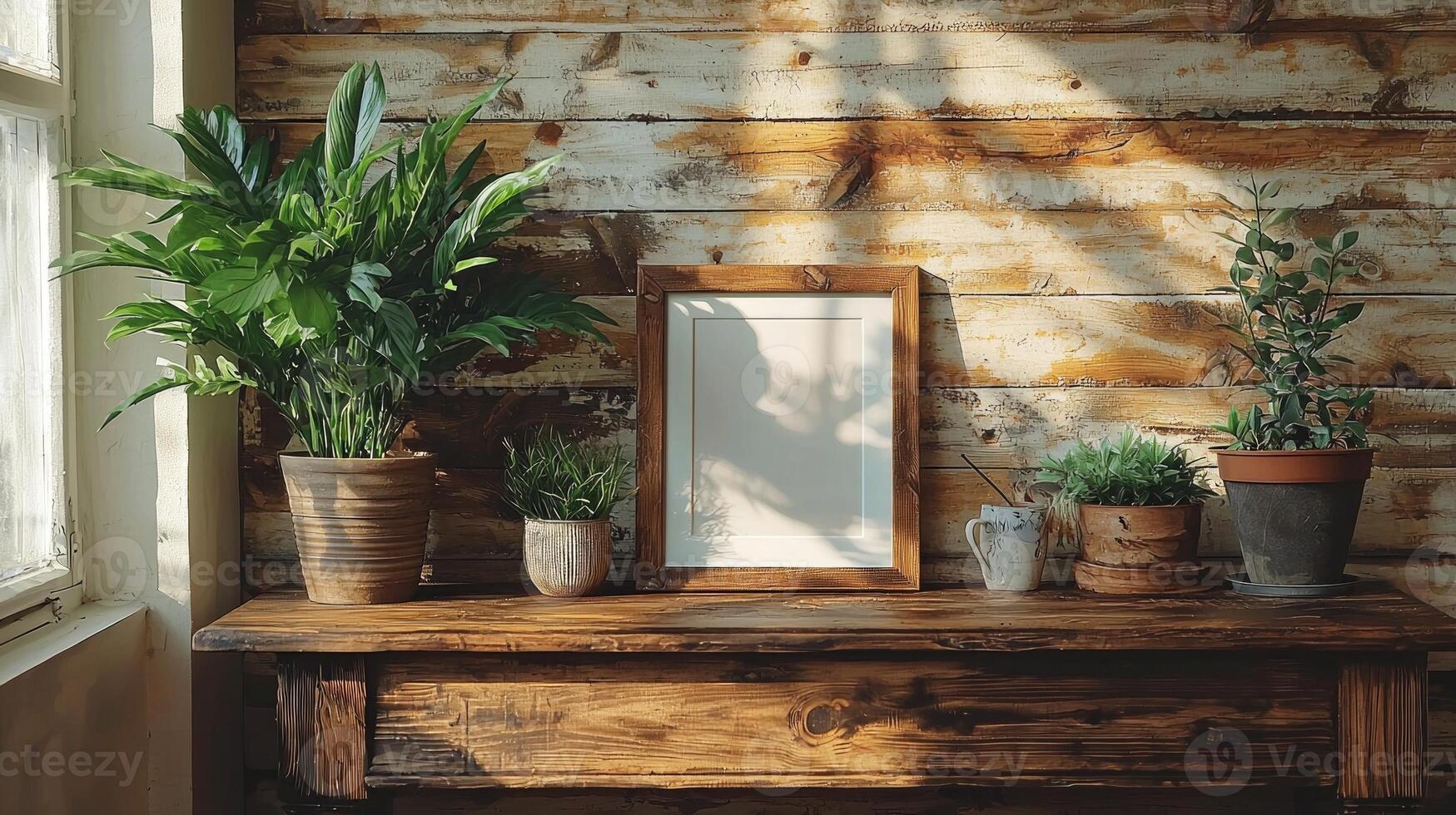 beautifully arranged mantelpiece showcases customizable photo frame surrounded lush green plants. warm natural lighting highlights wooden texture and enhances peaceful ambiance