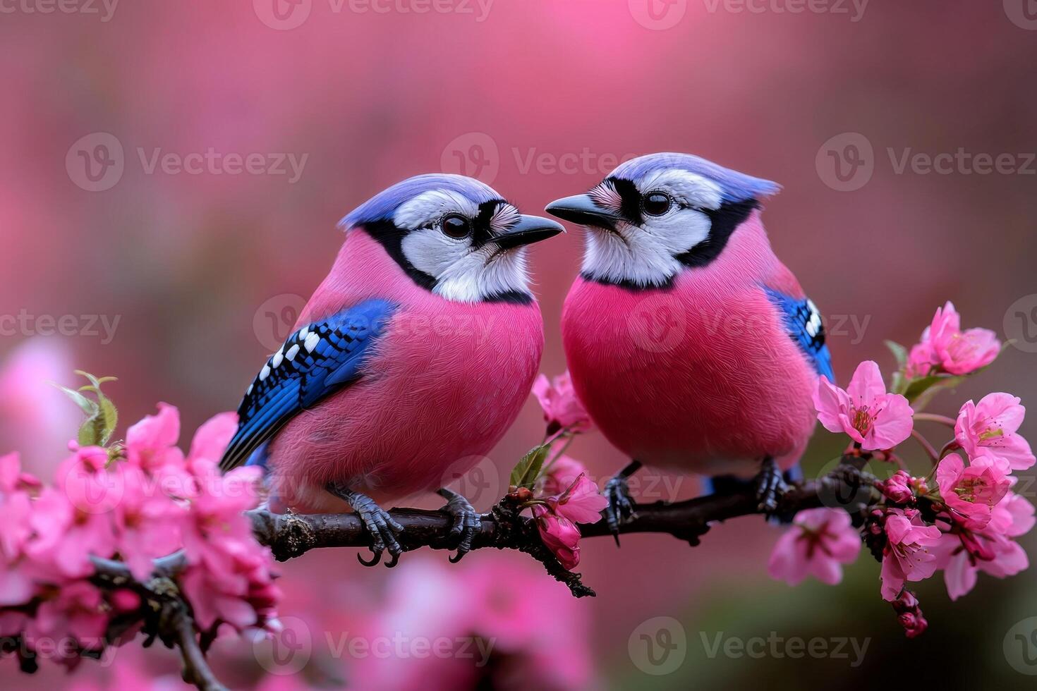 Two vibrant blue jays rest on branch of cherry tree surrounded delicate pink flowers. soft light of early morning enhances their vivid colors and serene setting photo
