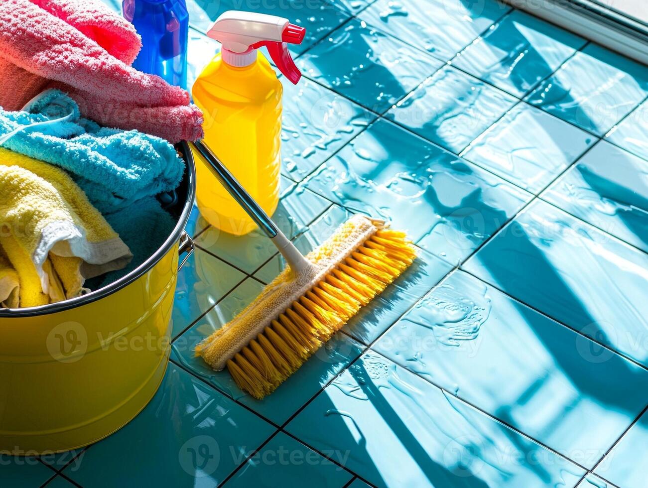 Brightly colored cleaning supplies are organized on tiled floor. mop sits next bucket filled towels and multiple spray bottles highlighting cleanliness and order in workspace photo