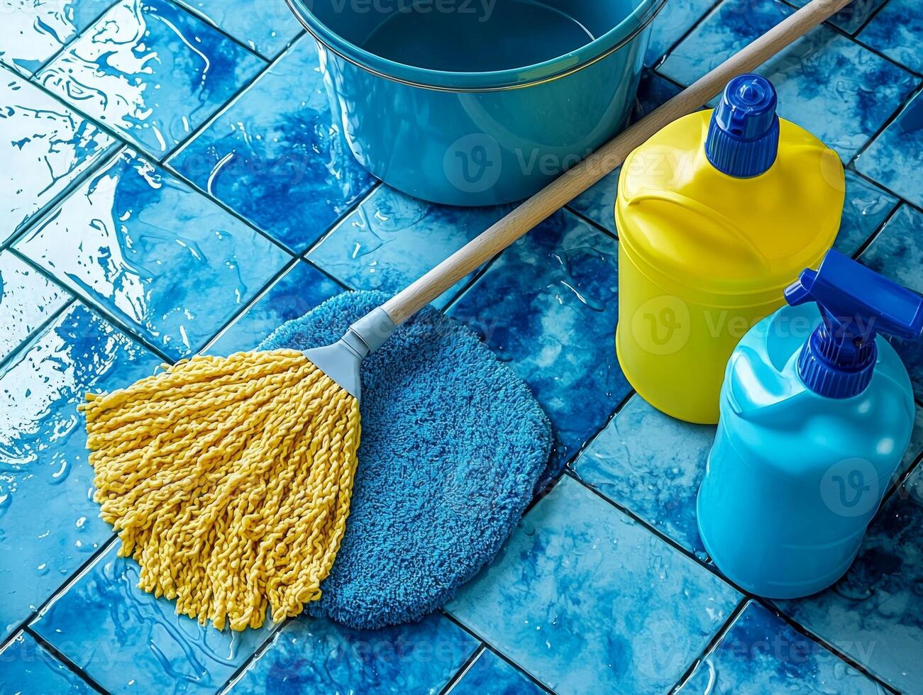 Brightly colored cleaning supplies are organized on shiny tiled floor. mop and bucket dominate view showcasing commitment cleanliness and order in work environment photo