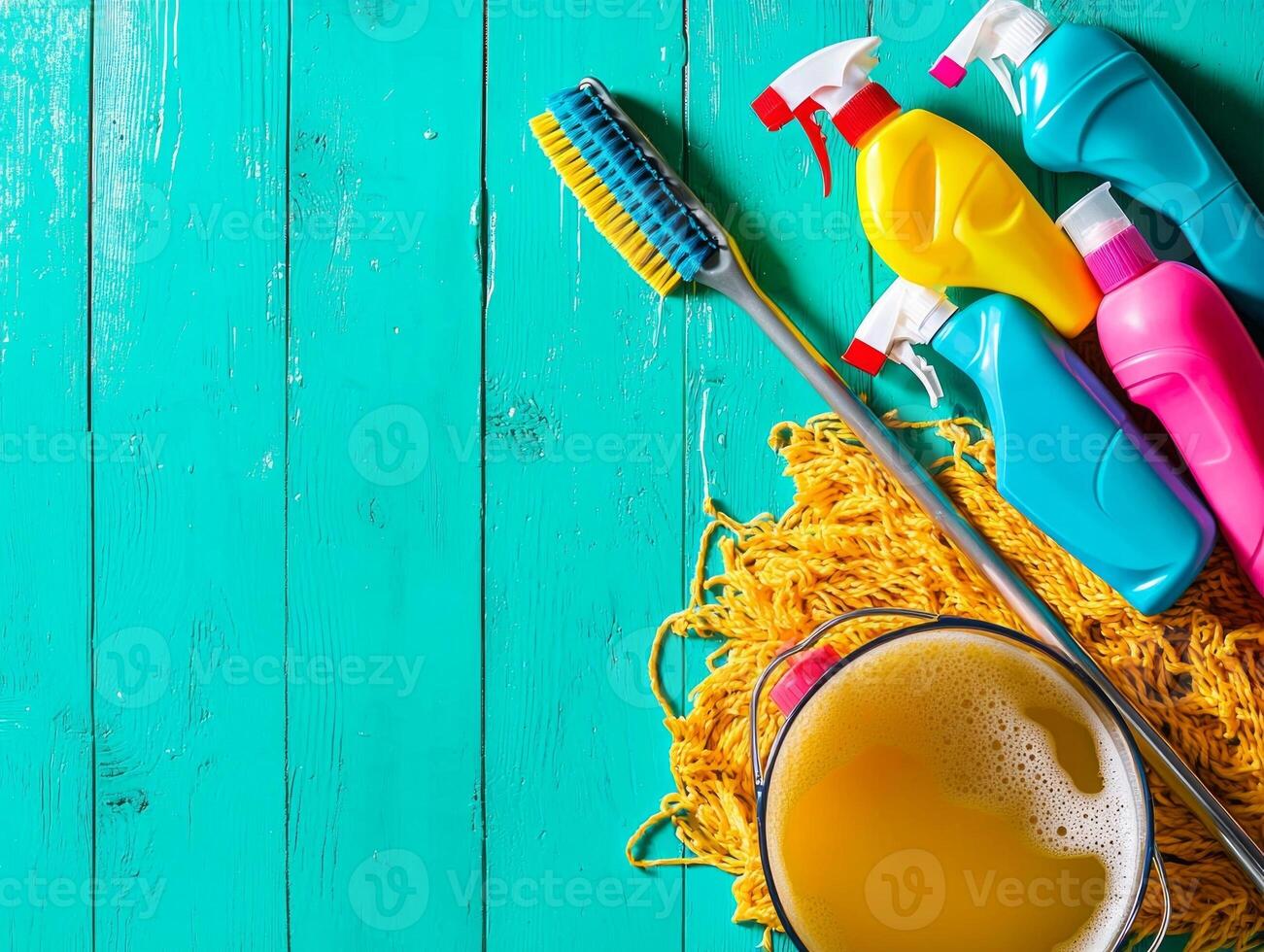 Brightly colored cleaning supplies are organized neatly on tiled floor showcasing mop bucket and various spray bottles. arrangement emphasizes efficient cleaning setup photo
