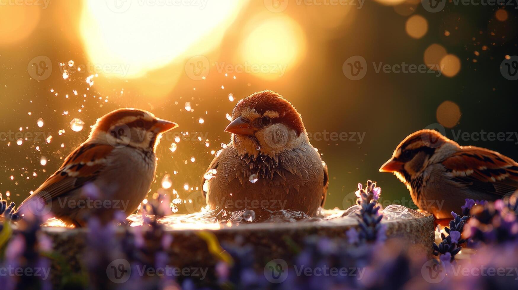 group of sparrows is bathing in small stone birdbath warm midday sunlight creating splashes of water while surrounded vibrant lavender flowers photo