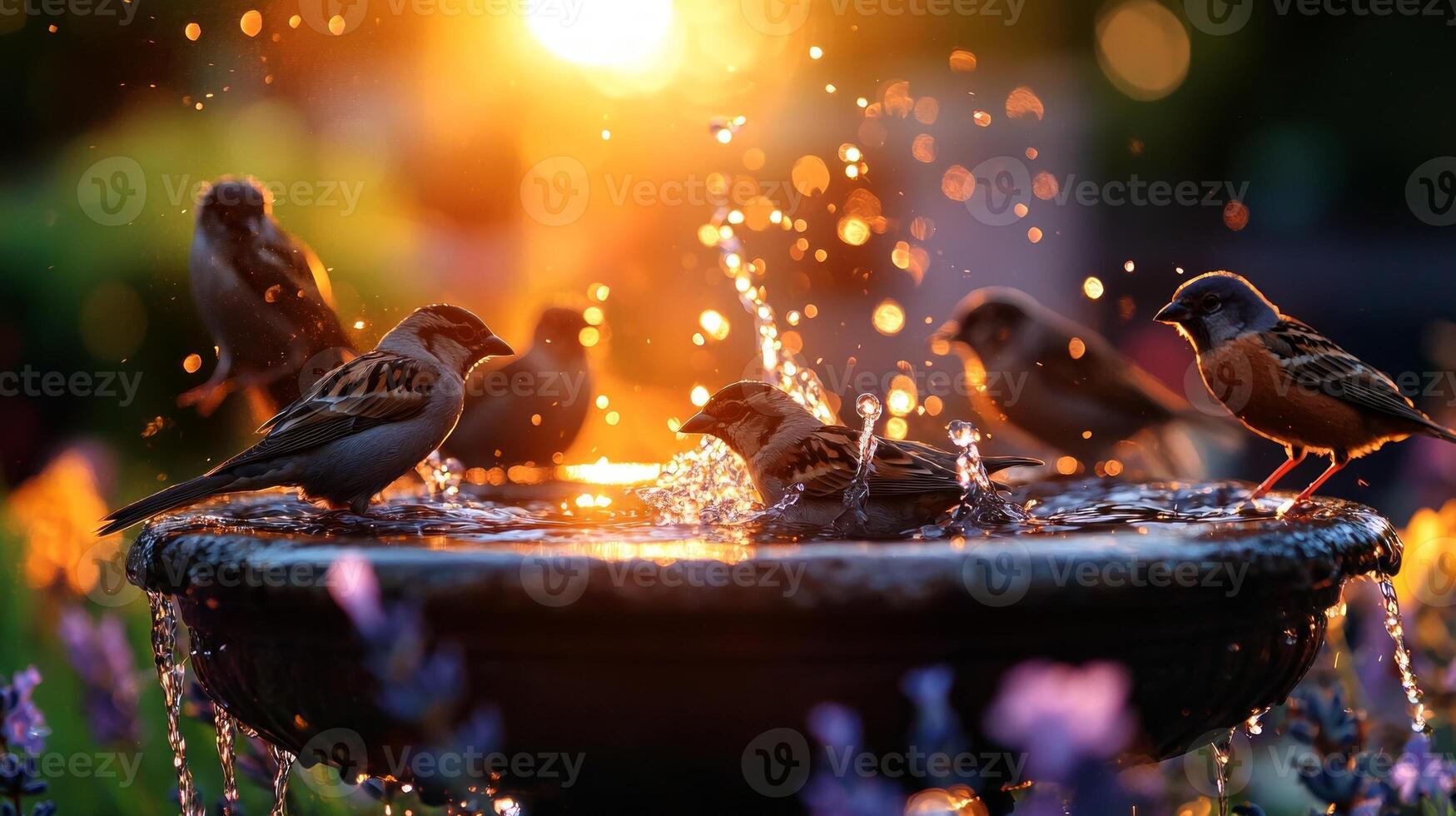 group of sparrows bathes in small stone birdbath sending droplets of water flying. They are surrounded beautiful lavender in bright midday sunlight creating lively atmosphere photo