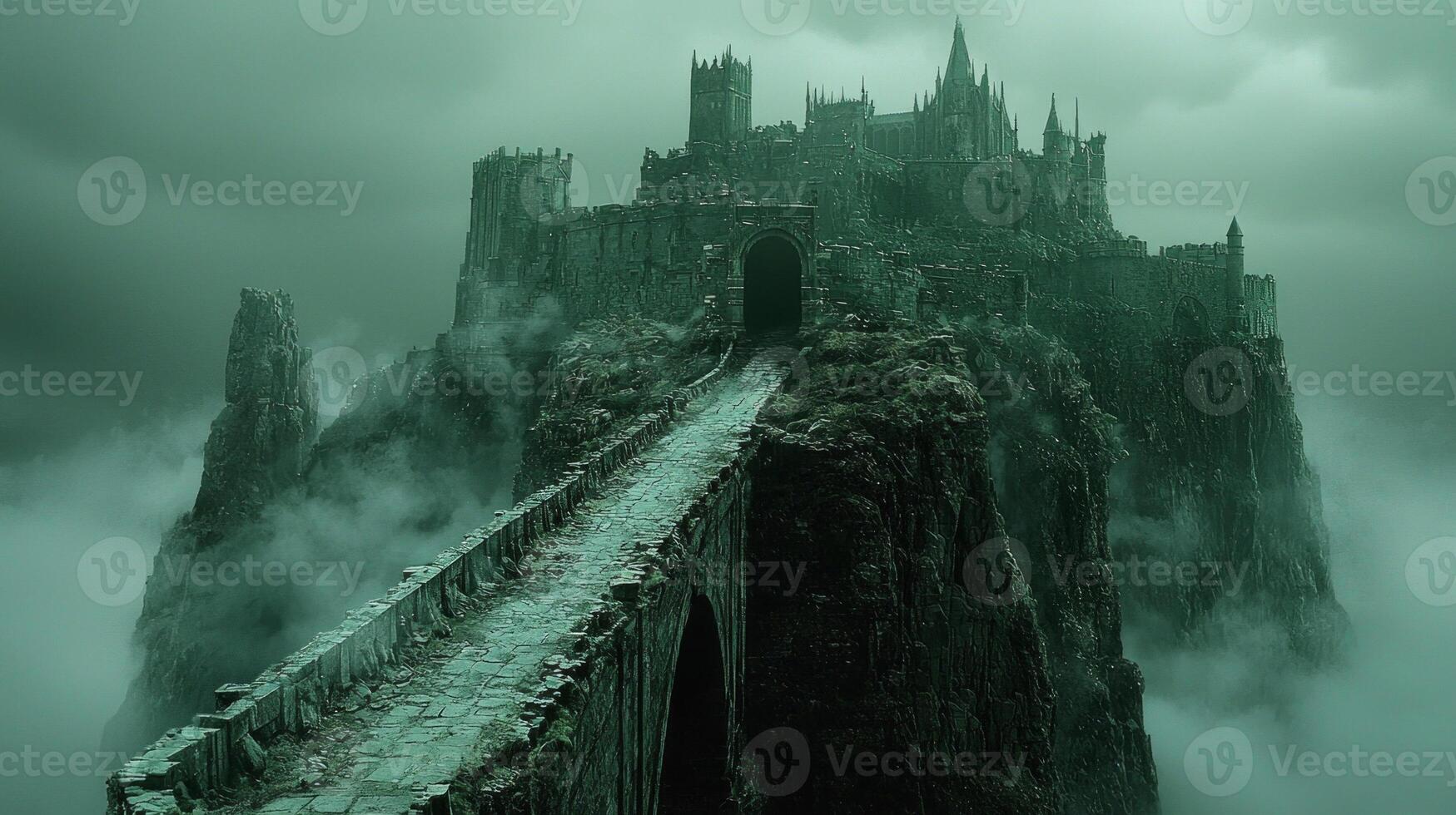 shimmering bridge of mist floats between two divine realms. Travelers experience weightlessness as they glimpse echoes of past civilizations and sacred moments leading radiant temple photo
