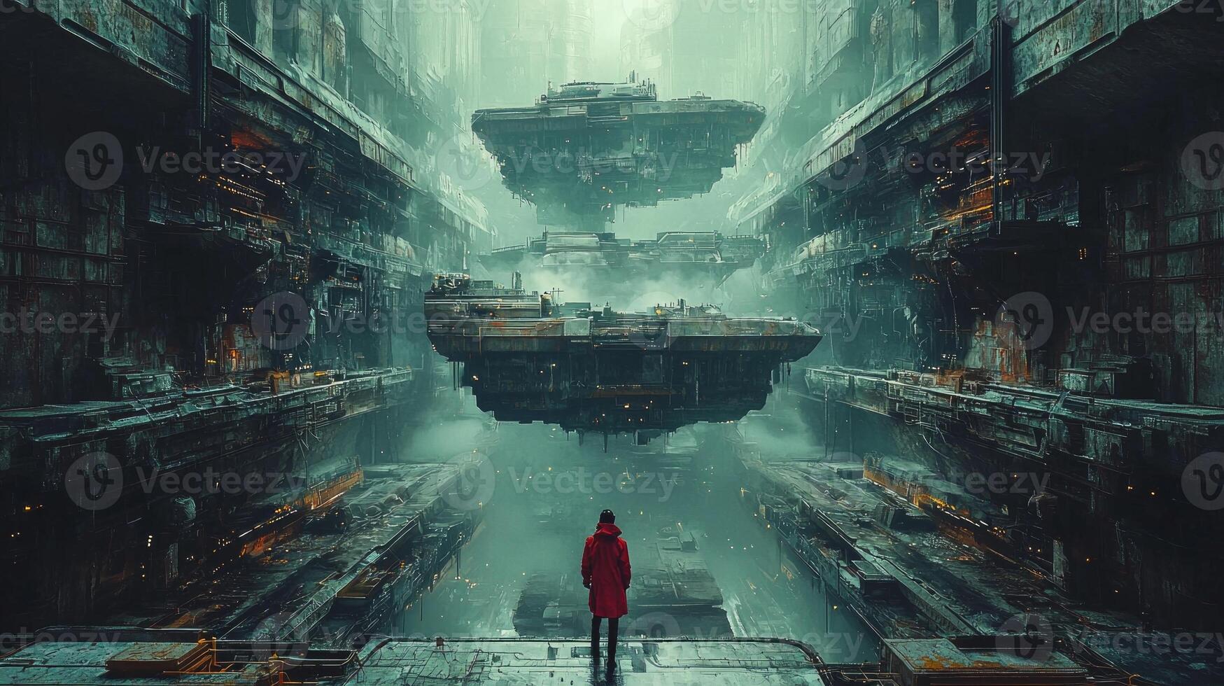 person in bright red trench coat and futuristic sunglasses walks confidently through dimly lit industrial maze filled concrete walls and rusted pipes photo
