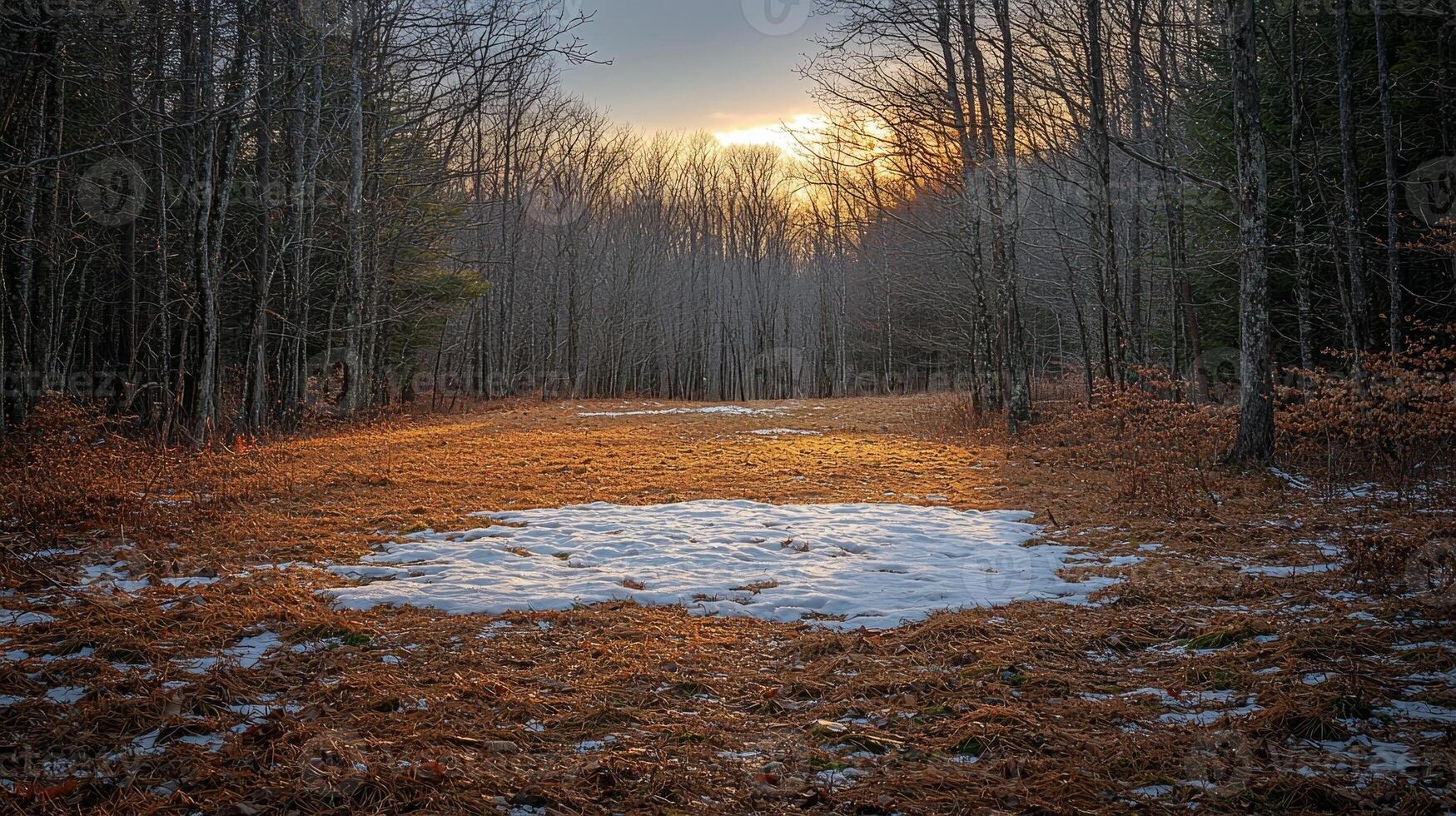 tranquil forest clearing showcases patches of snow slowly melting into earth while fresh green grass emerges in warm glow of evening sun. Bare branches frame natural beauty photo