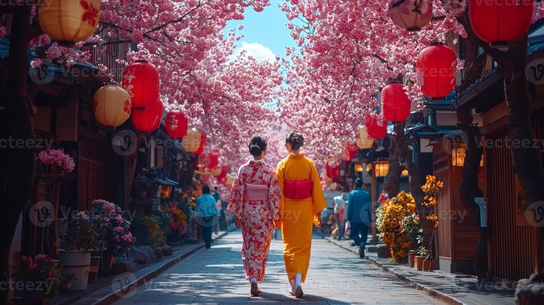 Visitors stroll through picturesque path lined blooming cherry blossom trees and colorful lanterns while dressed in traditional kimonos during vibrant festival in Japan photo
