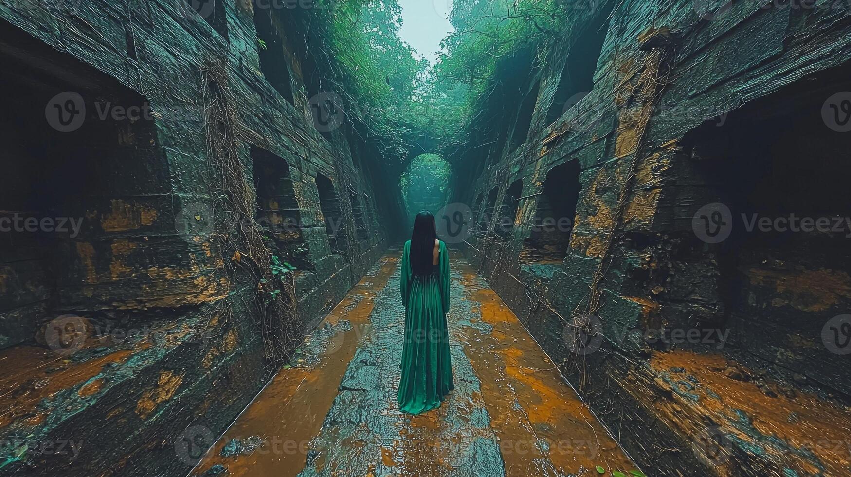 enchanting yet haunting labyrinth lies in ruins consumed nature. Vines and roots intertwine stone. figure in vibrant emerald green cloak enhances fairytale ambiance photo