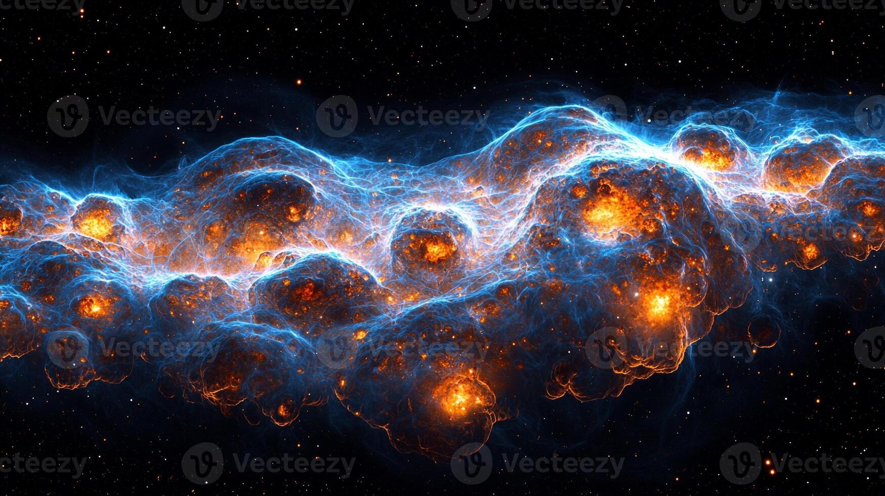 Glowing golden filaments stretch across dark expanse of space showcasing intricate network of galaxies and dark matter formed after Big Bang illuminating cosmos photo