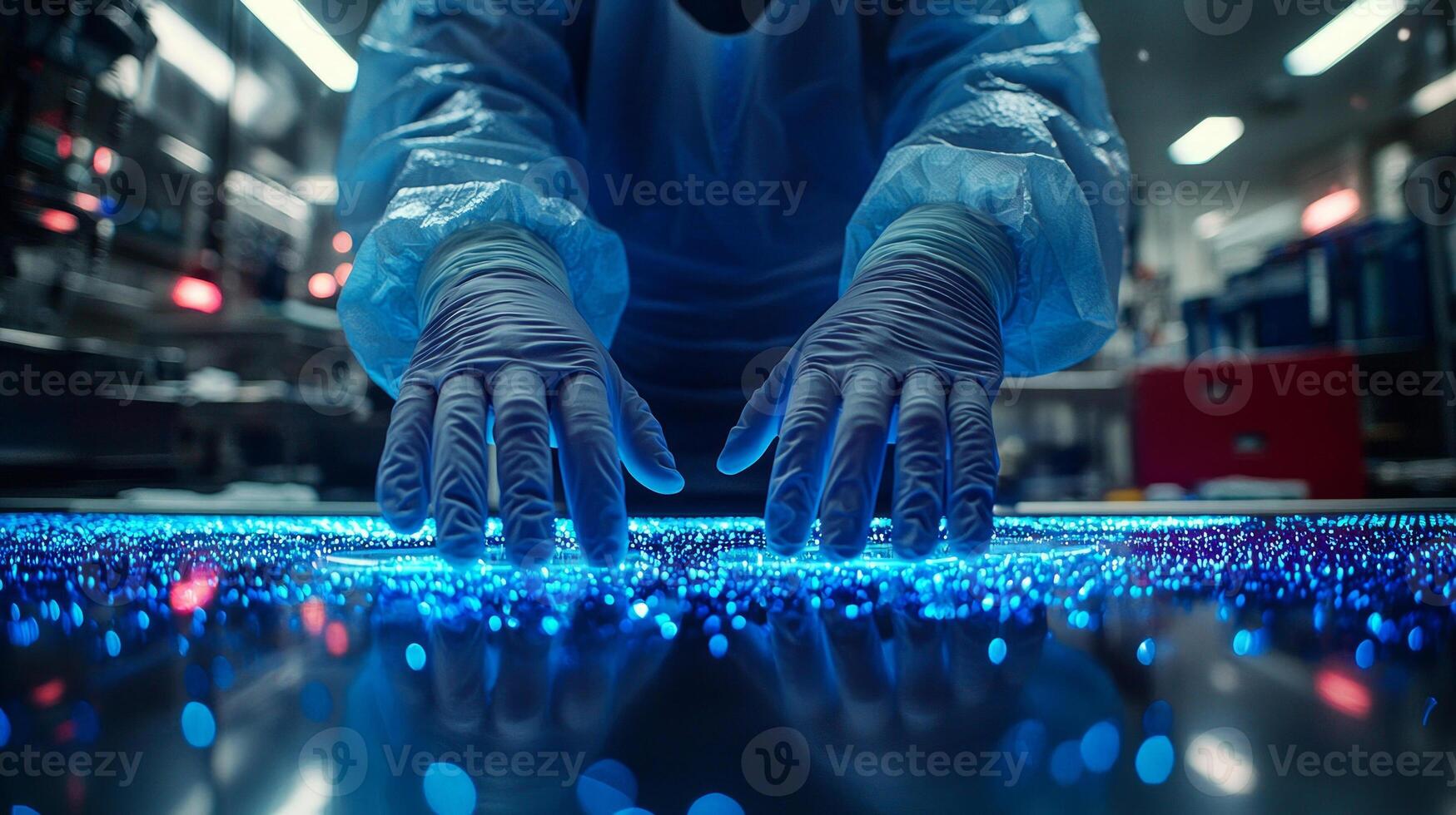 Gloved hands of surgeon are poised above scalpel reflecting cool blue tones of operating room. moment emphasizes precision and responsibility inherent in surgical procedures photo