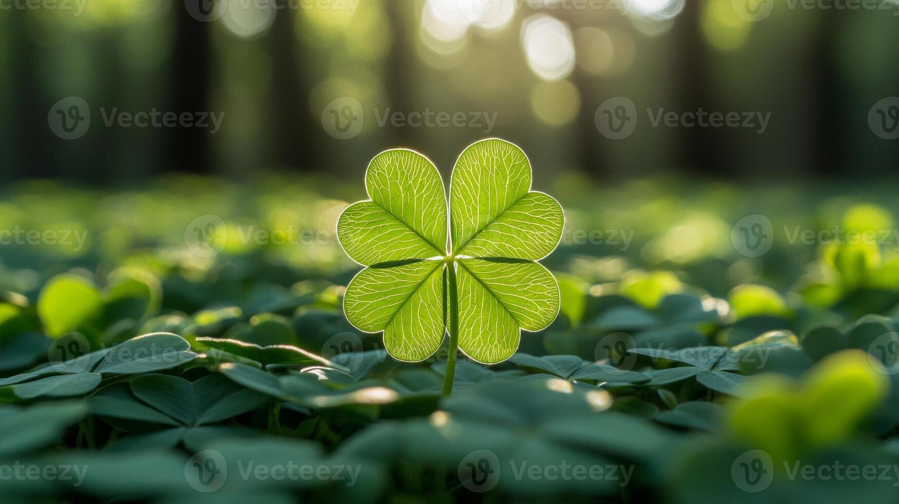 single four leaf clover stands proudly amidst multitude of three leaf shamrocks illuminated soft sunlight showcases its unique beauty and symbolic luck in nature photo