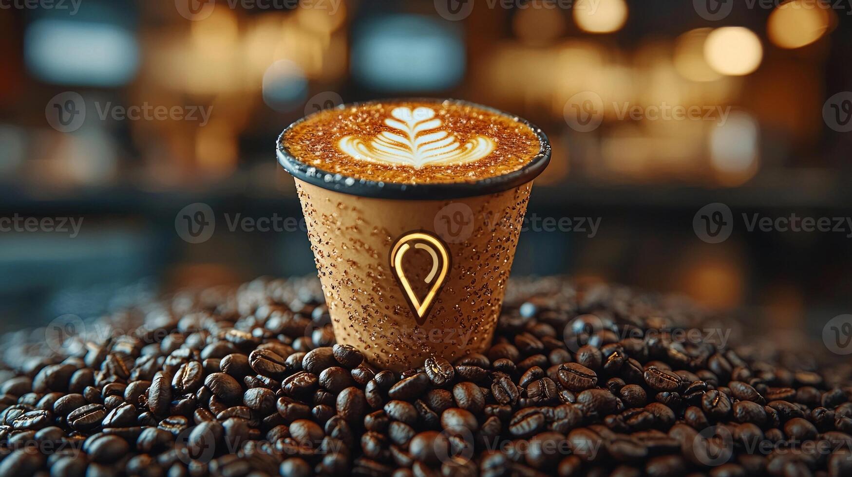 creative coffee shop advertisement showcases geolocation pin crafted from coffee beans cappuccino its center. Warm lighting enhances inviting atmosphere perfect for coffee lovers photo