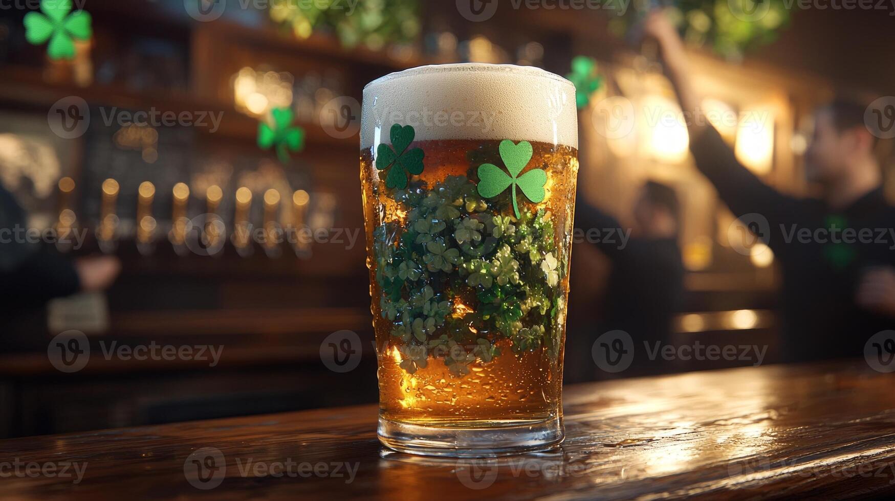 frosty pint of green beer sits on rustic wooden counter in Irish pub. Patrons enjoy festive atmosphere raising their glasses amidst shamrock decorations and warm lighting photo