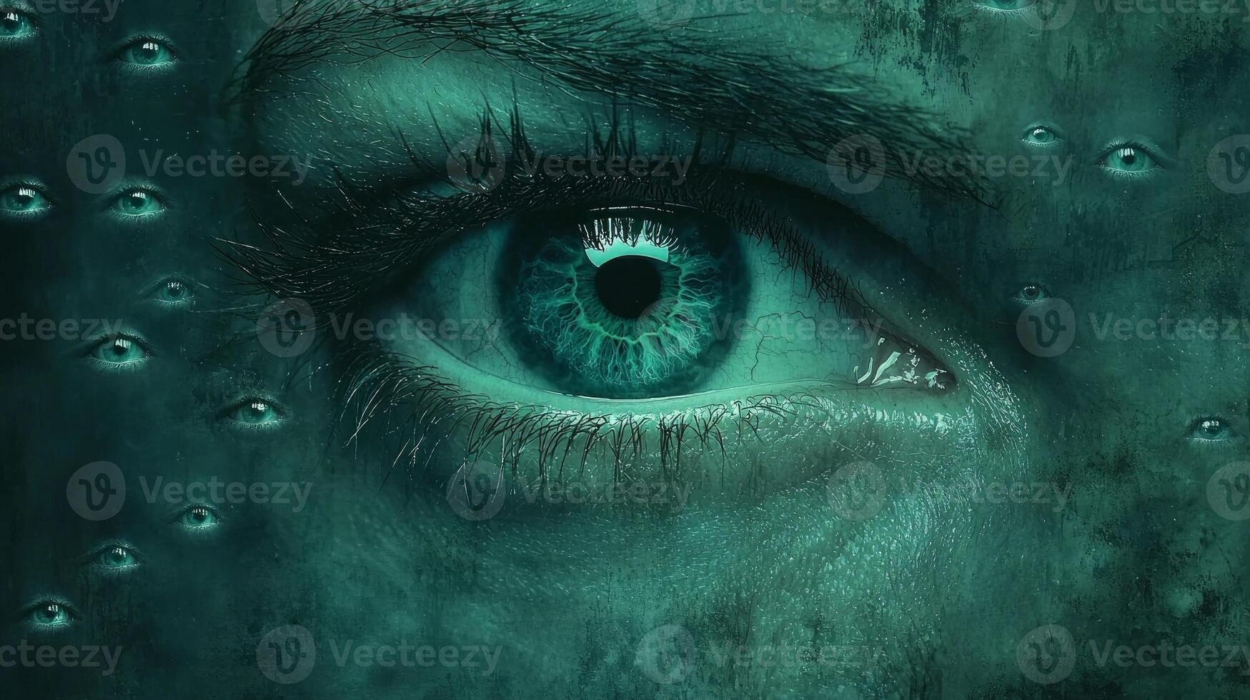 massive eye glows center encircled numerous smaller eyes in darkness. Together they evoke feeling of being watched blending beauty and eeriness into captivating experience photo