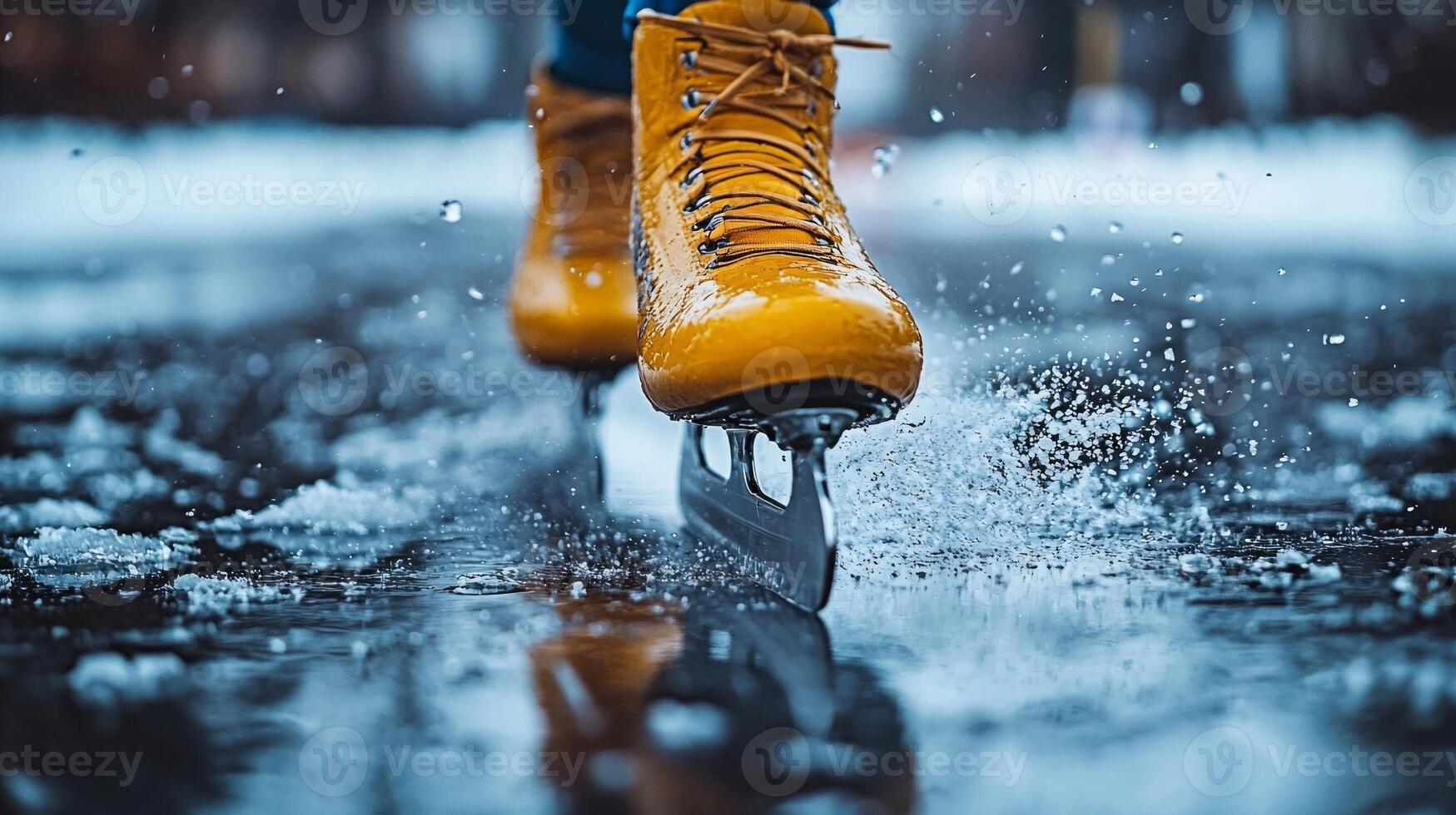 speed skater gains explosive momentum as their blade cuts sharply through ice creating clean trail and sending fine ice particles into air showcasing elegance and power photo