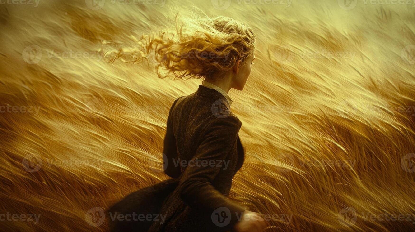 curly blonde haired girl runs energetically through vibrant wheat field her golden curls bouncing each step. sun illuminates golden waves of wheat surrounding her photo