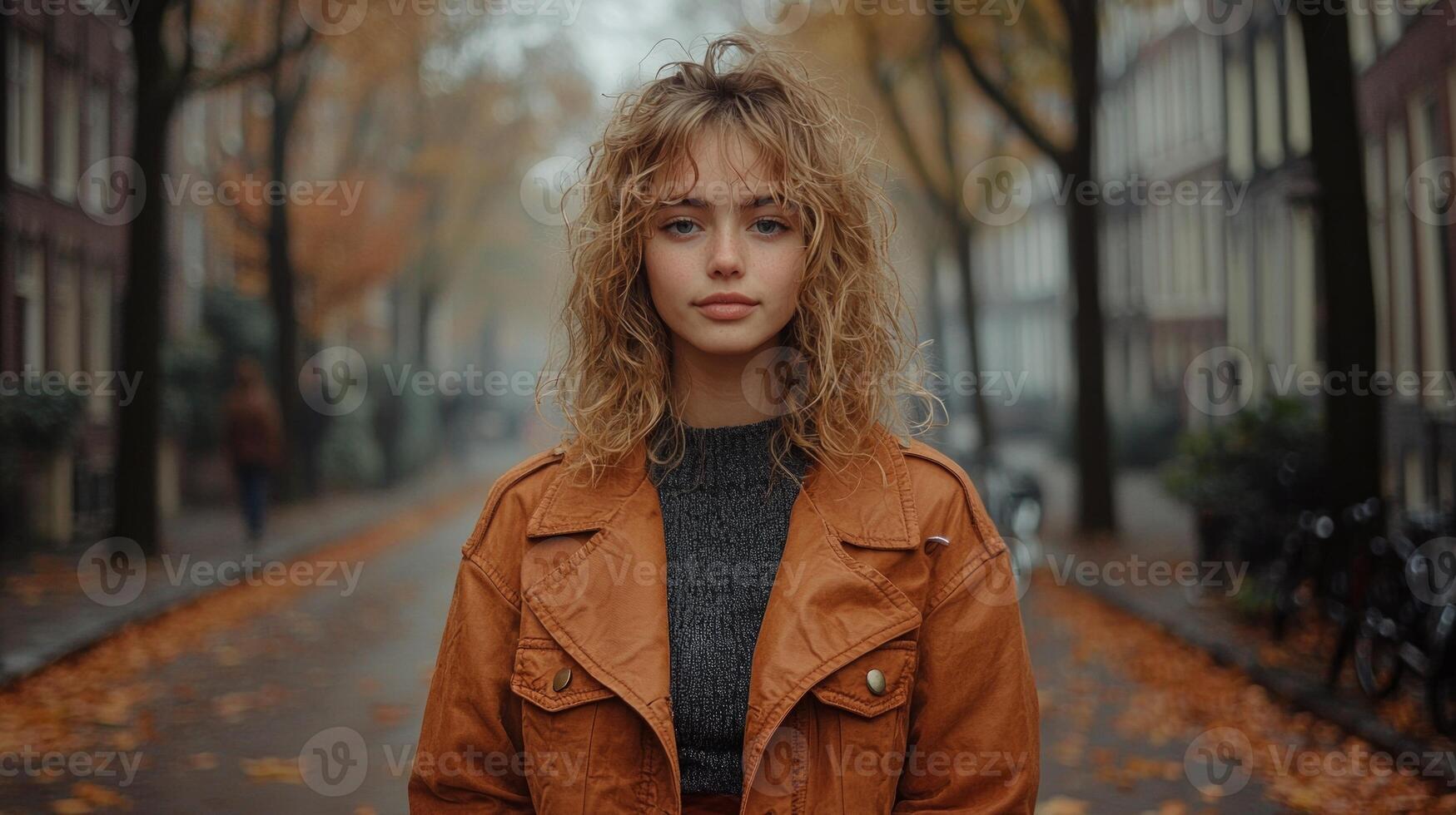 Curly blonde haired girl stands confidently in center of serene tree lined pathway. Autumn leaves create colorful backdrop enhancing her vibrant presence in autumn season photo