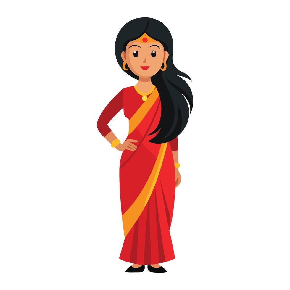 Illustration of a modern Indian woman in a red sari isolated on a white background vector