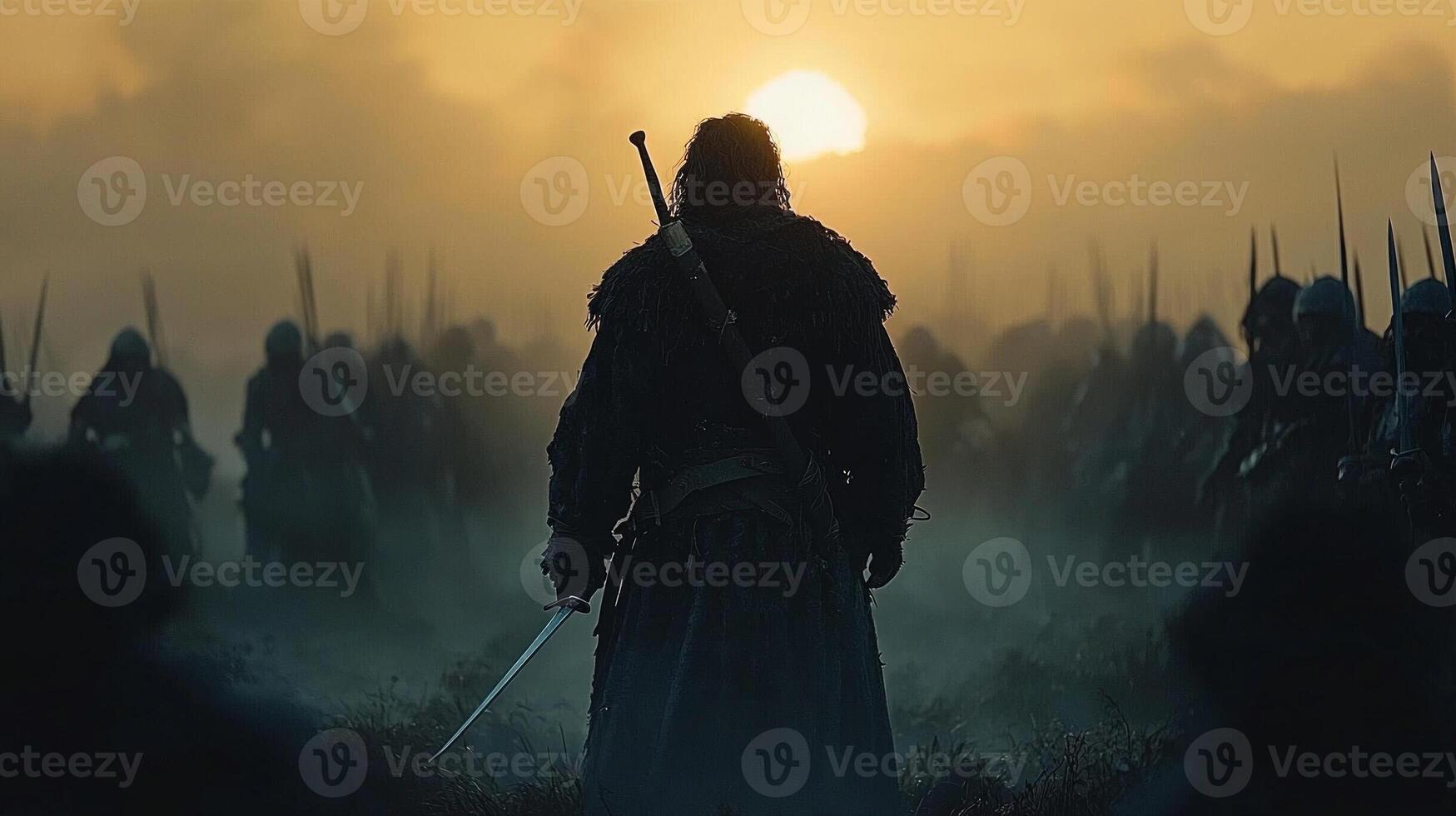 Amidst overwhelming horde of native warriors battered Spanish conquistador defiantly raises his sword against backdrop of setting sun creating moment of intense drama photo