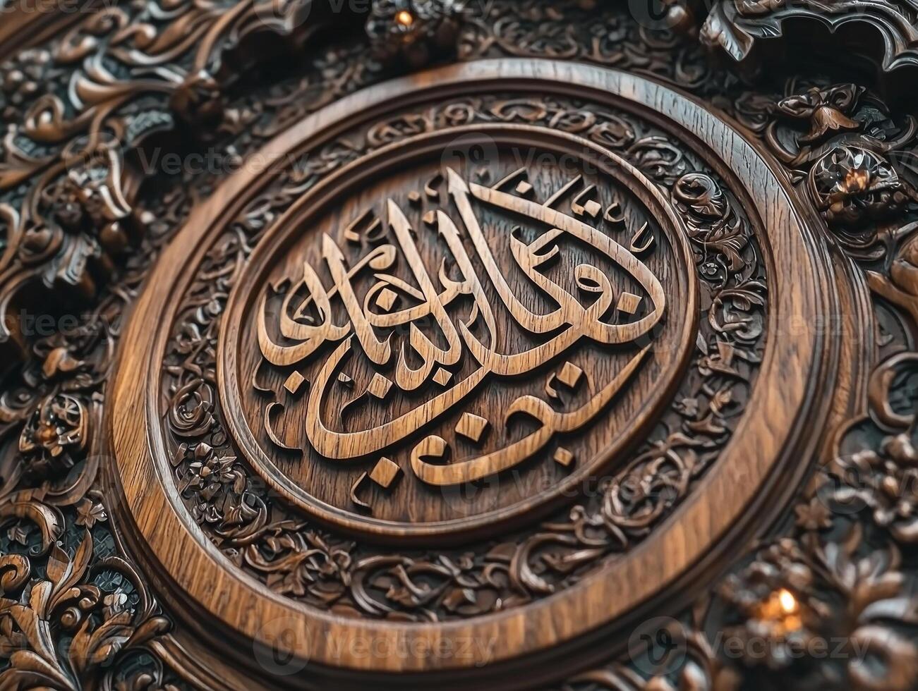 Handcrafted Arabic calligraphy decor is beautifully illuminated small lanterns on each side symbolizing joy of Eid al Fitr and family reunions during festive Islamic celebrations photo