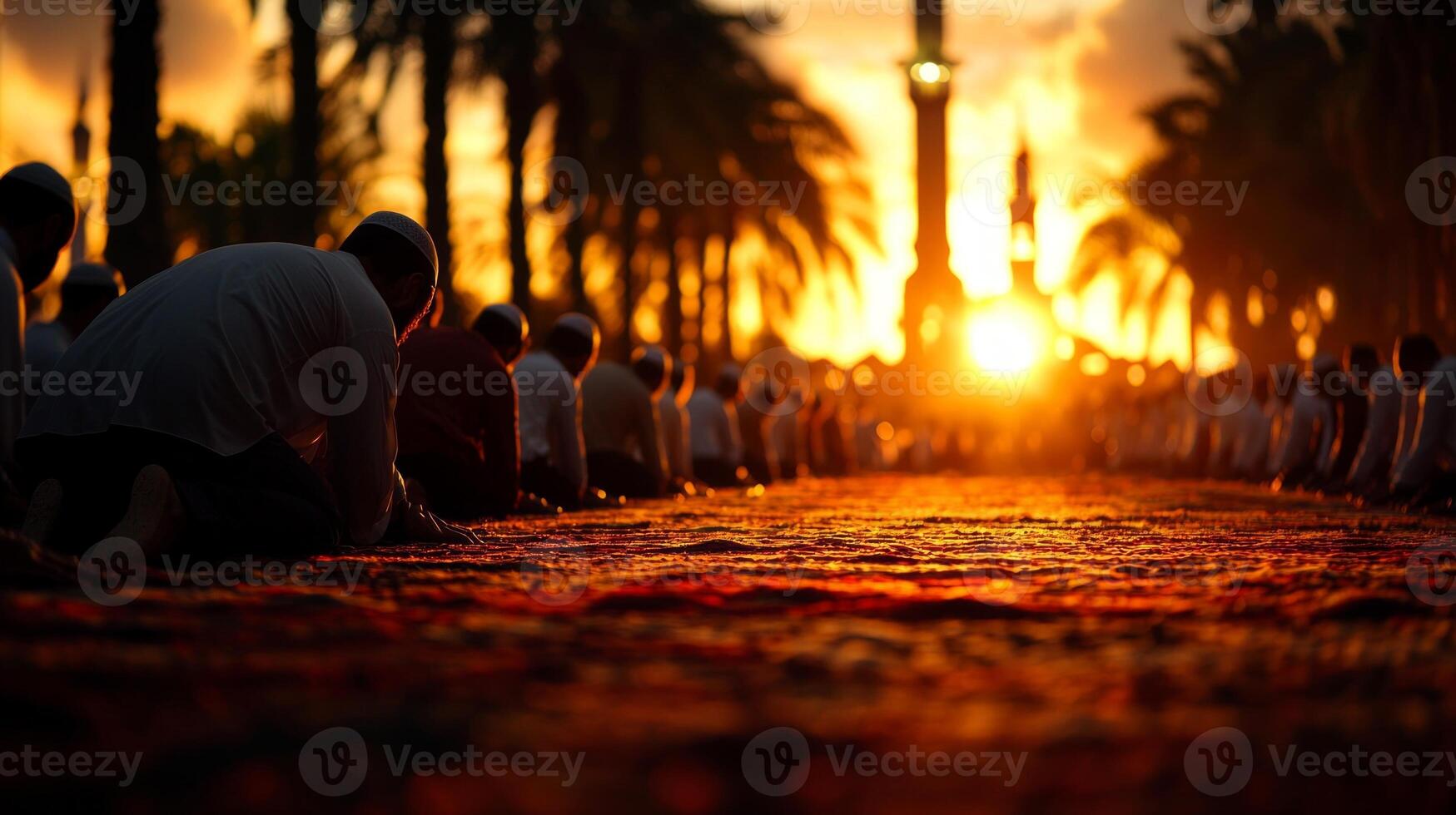 Men are gathered in outdoor prayer area bowing in prayer as golden sunset casts warm glow around them. sound of Adhan fills air enhancing spiritual atmosphere photo