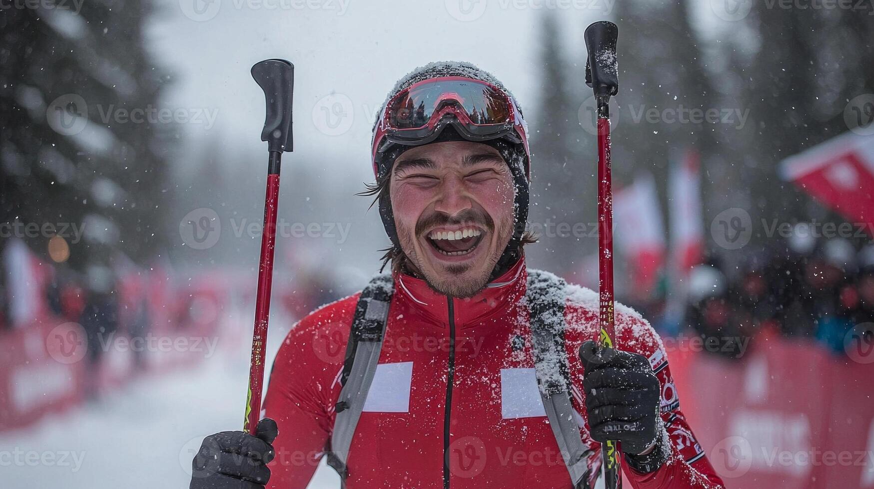 athlete experiences pure joy and exhaustion while crossing finish line in first place ski poles raised in triumph as snow sprays around them and crowd cheers enthusiastically photo