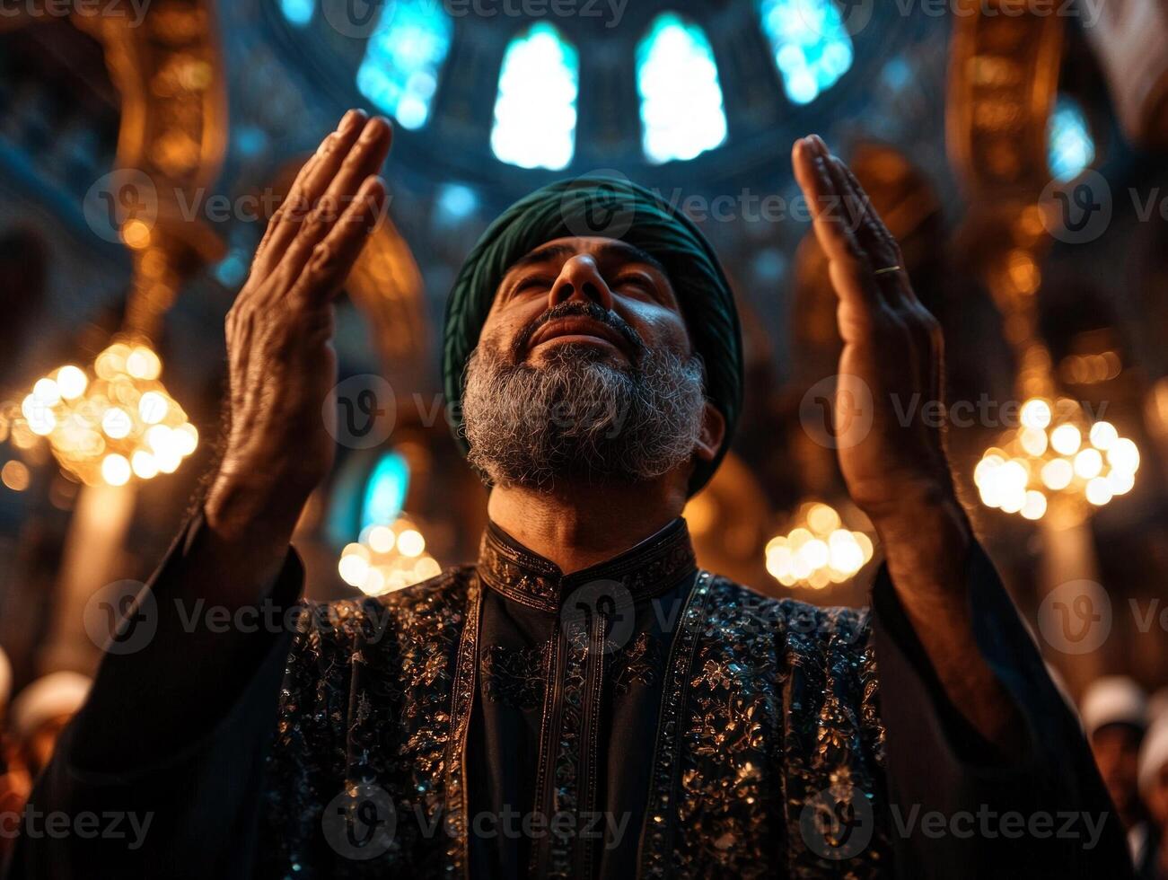 In luminous mosque Imam raises his hands in preparation for Takbir guiding worshippers in Maghrib prayer. atmosphere reflects unity and devotion during Eid al Fitr photo