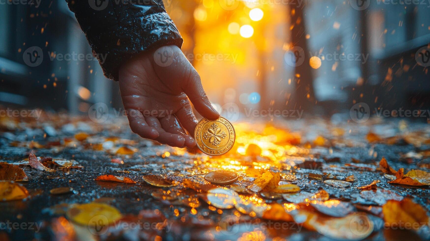 In moment of serendipity individual bends down on sunlit sidewalk pick up old golden coin featuring lucky symbol as subtle rainbow glows in background photo