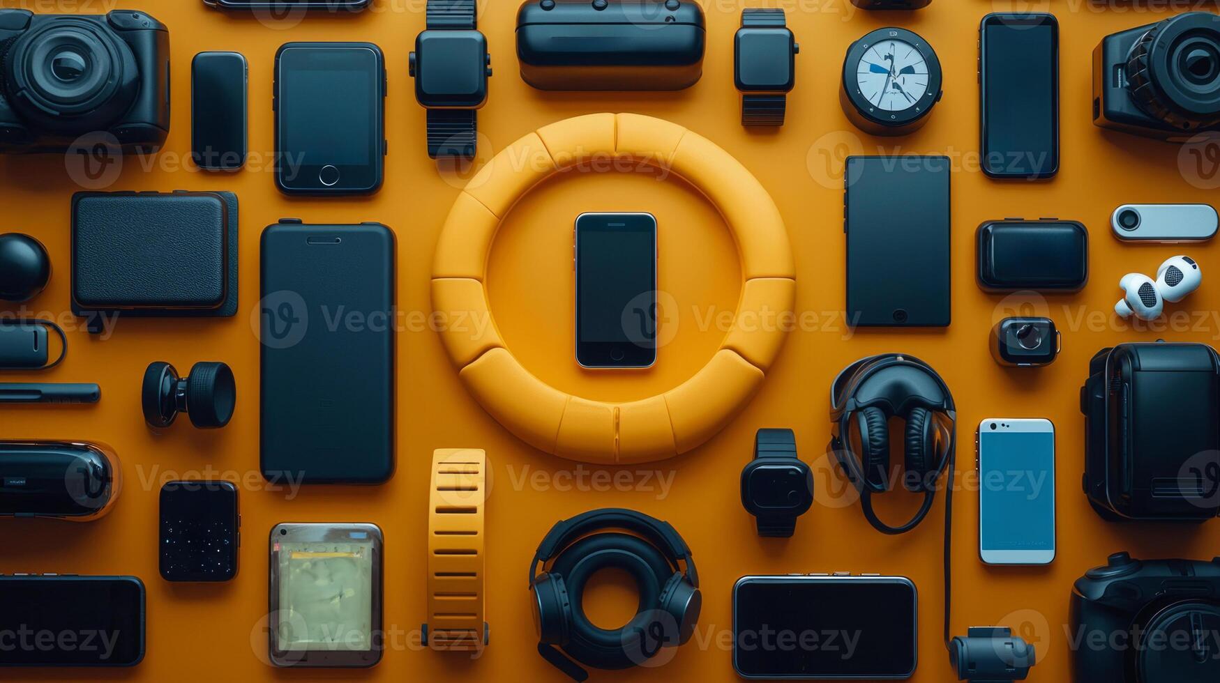 captivating arrangement of smartphones smartwatches and wireless earbuds forms geolocation symbol set against minimalistic cool toned background expressing modern technology photo