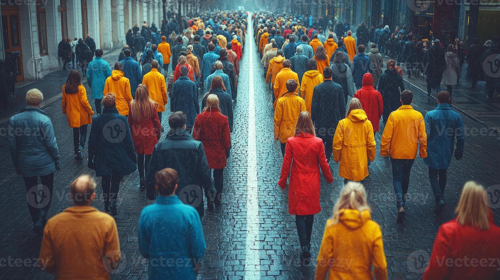 large crowd in muted attire walks purposefully left along wide road. In stark contrast single individual in bright clothing stands alone on right side of path photo