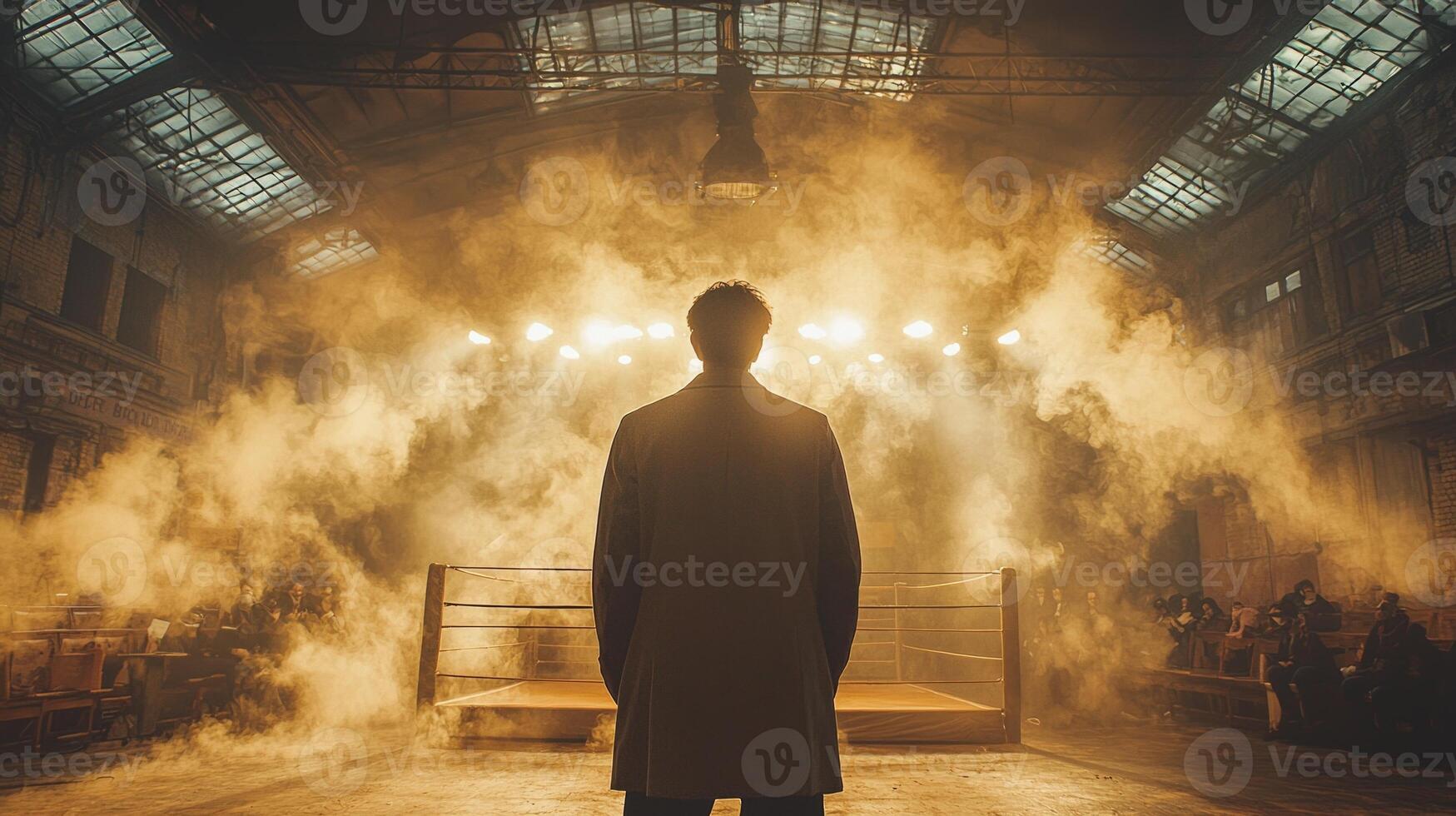 atmosphere is charged anticipation as spectators gather for boxing night highlighted dramatic spotlights and swirling smoke envelop ring photo