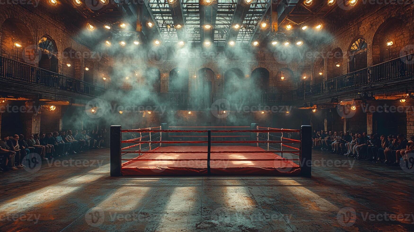 boxing ring stands illuminated in center of dimly lit hall surrounded engaged audience. Rays of light pierce through smoke creating captivating ambiance for night photo
