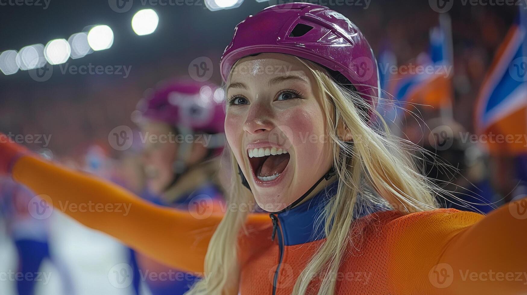 Emotions run high as team of speed skaters celebrates their hard fought victory raising their arms in triumph while surrounded cheering fans and national flags in rink photo