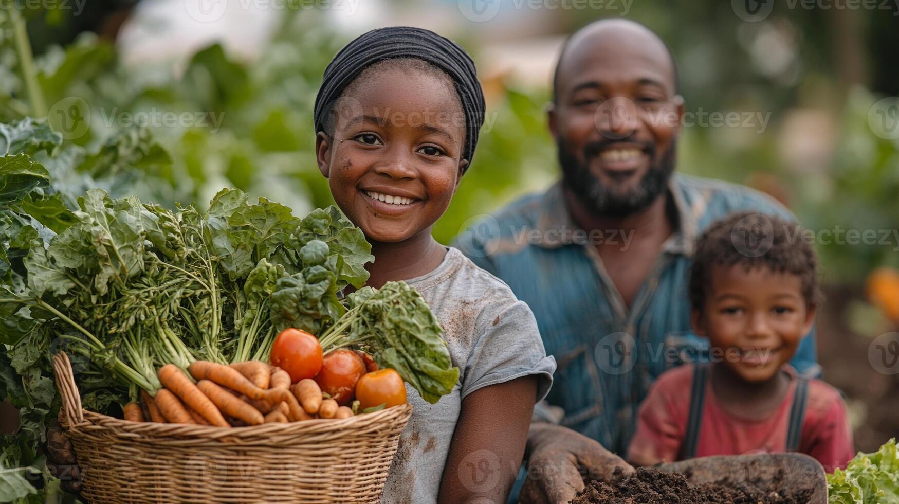 dedicated family works together in their lush garden harvesting fresh vegetables. joyful children assist their parents baskets full of produce showcasing their strong bond photo