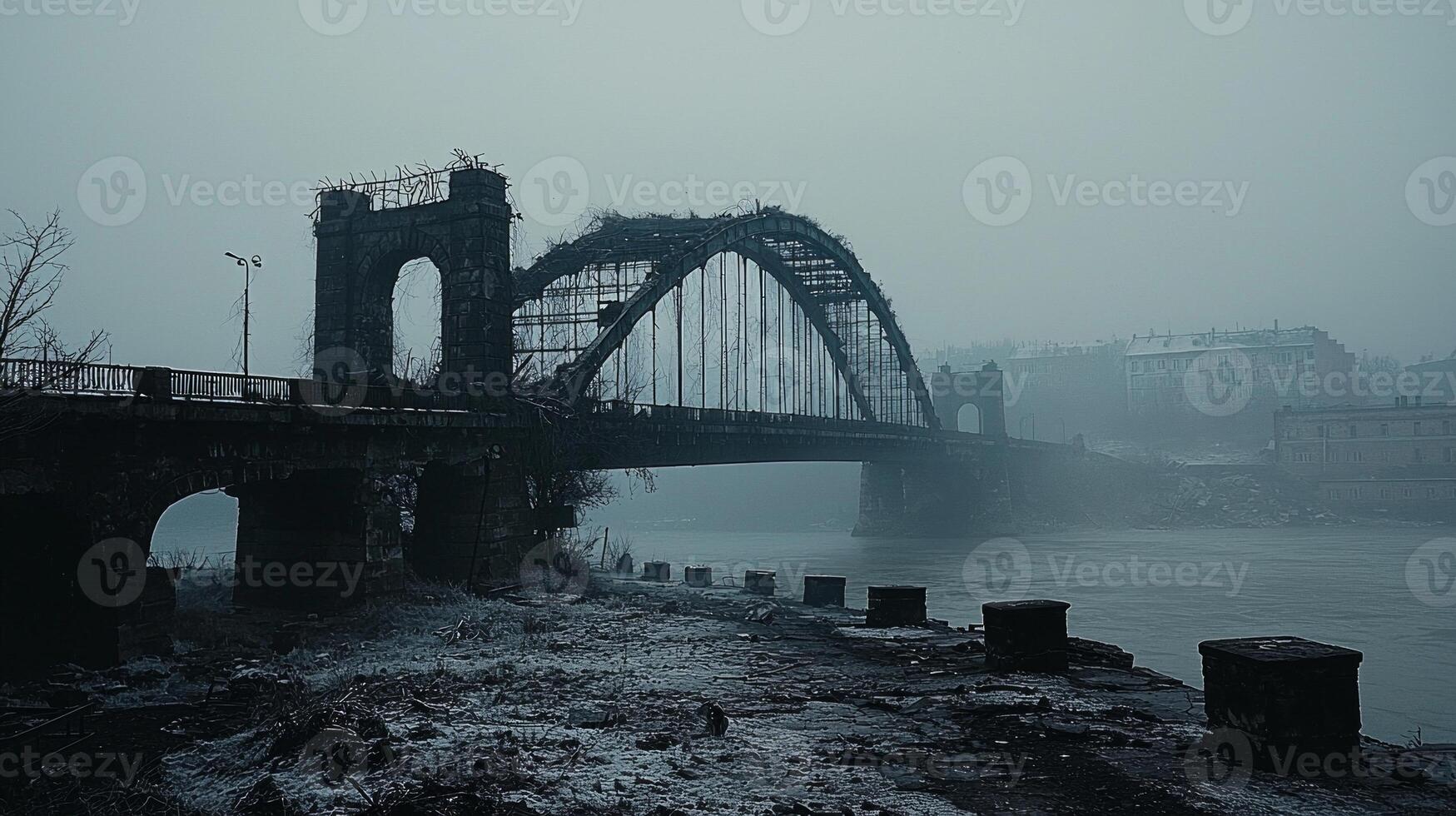 impressive yet decayed bridge looms over river partially collapsed and blanketed in vines. forsaken city beyond shows signs of nature taking over creating haunting atmosphere photo