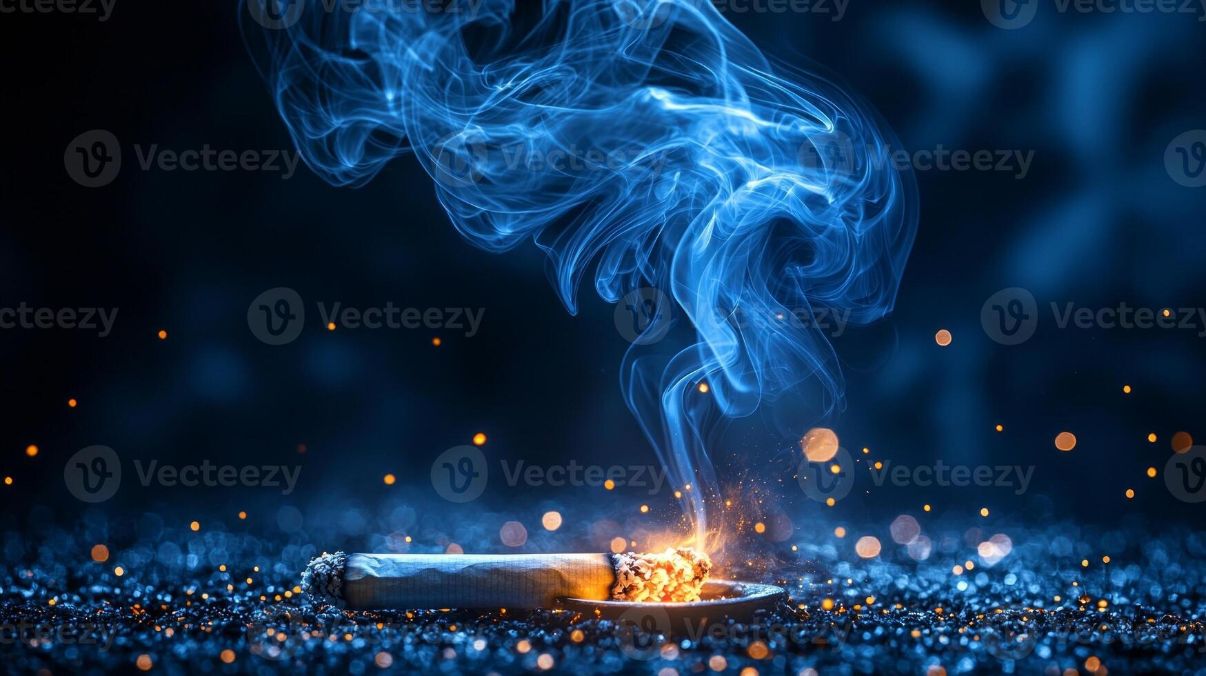 smoldering cigarette rests on edge of ashtray wisps of smoke rising and curling into shape of skull photo