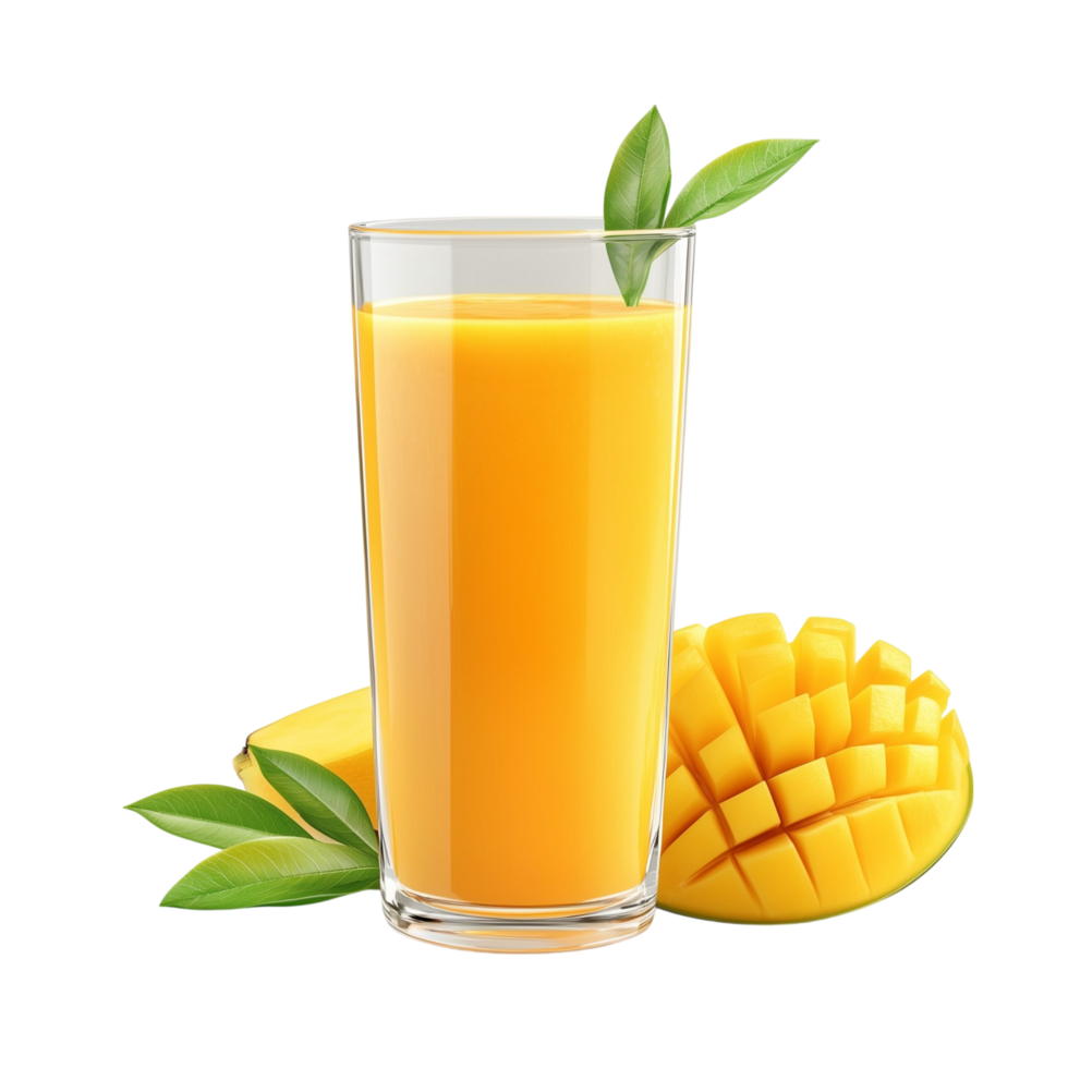 mango juice with mango slices and leaves on transparent background png