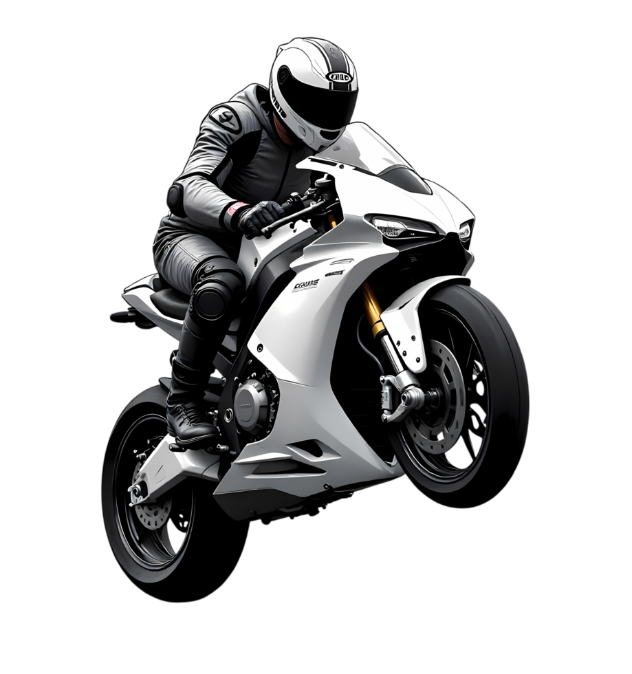 motorcycle rider on a white motorcycle, isolated on a transparent background png