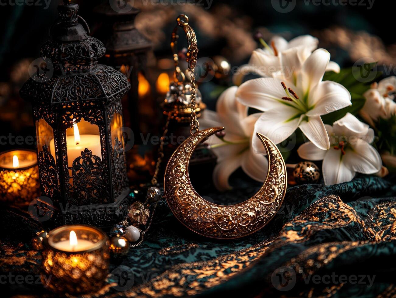 beautiful display showcases golden crescent moon surrounded flickering candles and fresh white lilies perfect for celebrating Eid al Fitr family and friends photo