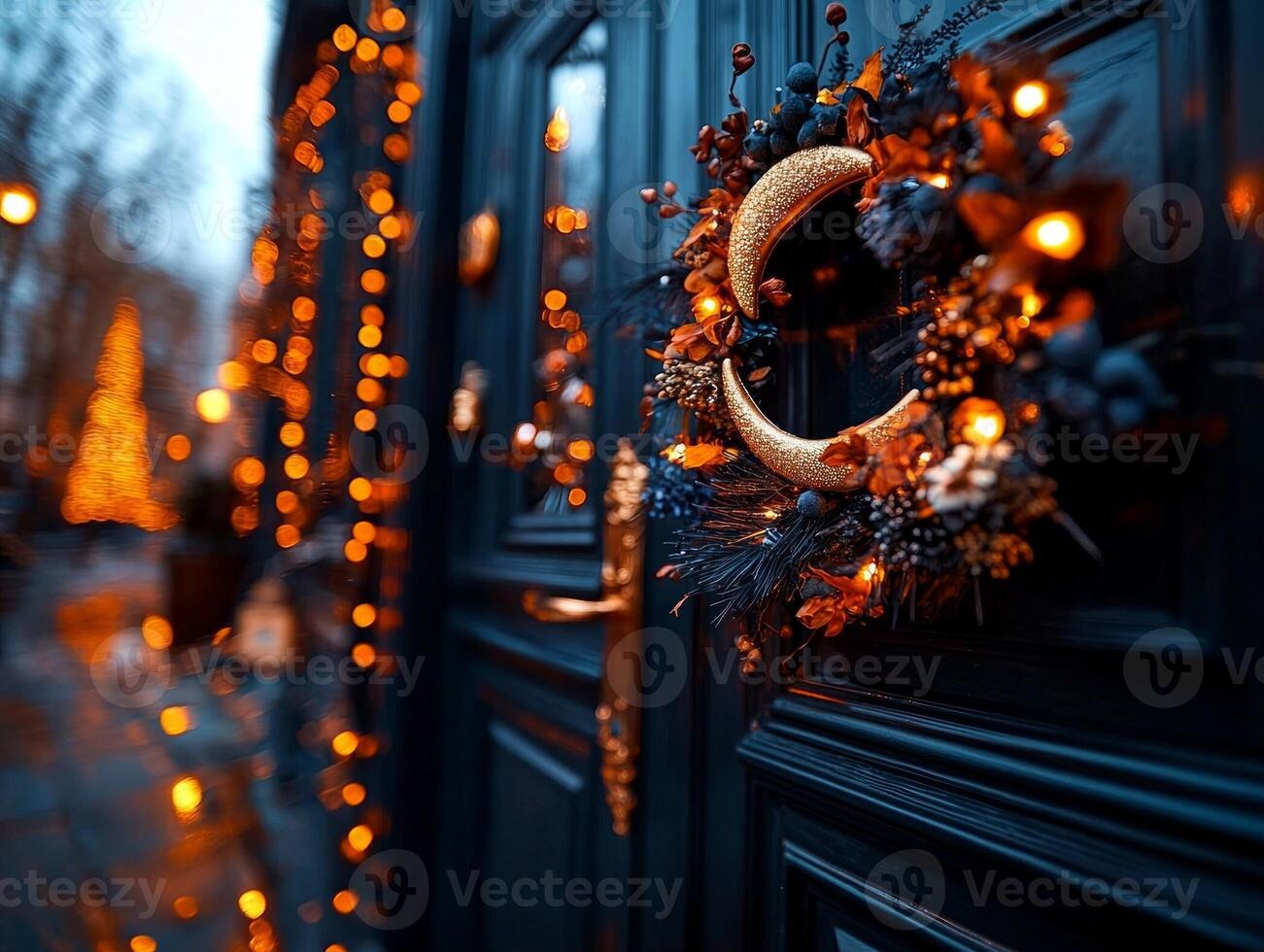 beautifully crafted wreath featuring dried flowers and golden crescent moons hangs on dark wooden door illuminated fairy lights creating festive atmosphere for Ramadan photo