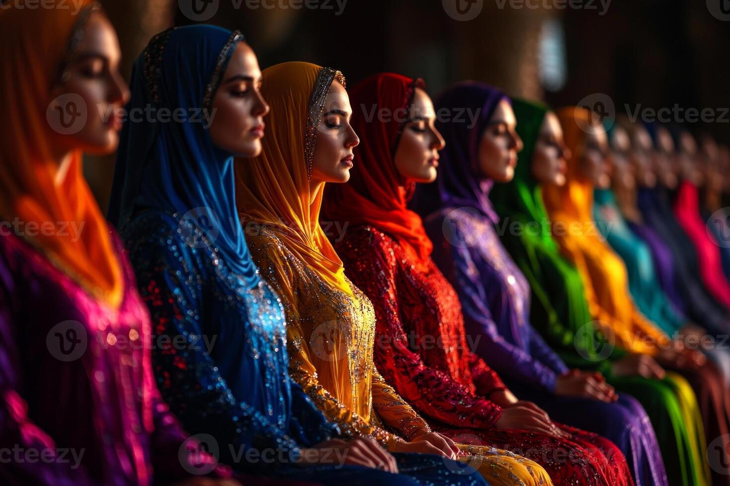 group of Muslim women dressed in vibrant abayas and headscarves pray in unity inside mosque highlighting their devotion during Eid al Fitr celebration photo