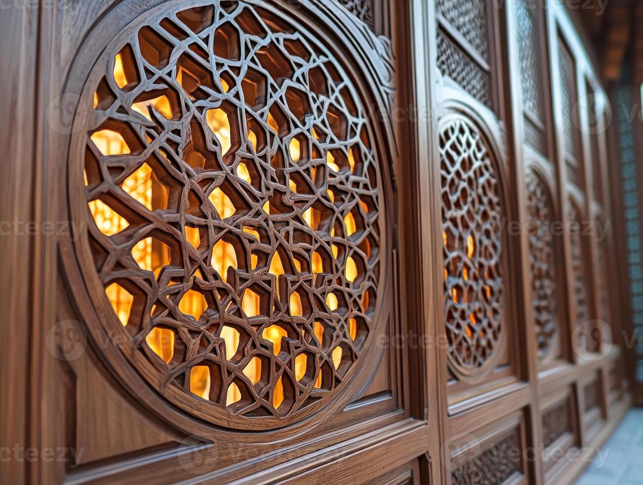 Close up of beautifully carved wooden Arabic calligraphy wall decor framed softly illuminated lanterns enhancing festive spirit of Eid al Fitr and family gatherings photo