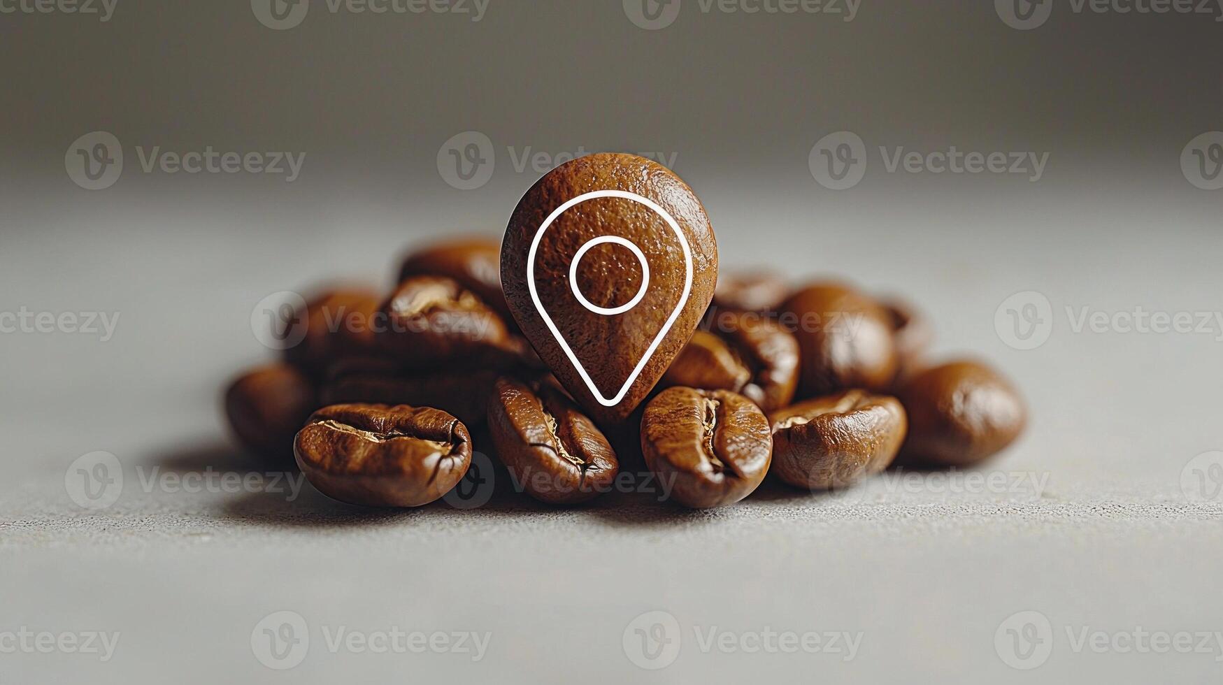 modern composition features geolocation pin crafted from glossy coffee beans set against clean white background highlighting deep brown color and contemporary cafe aesthetic photo