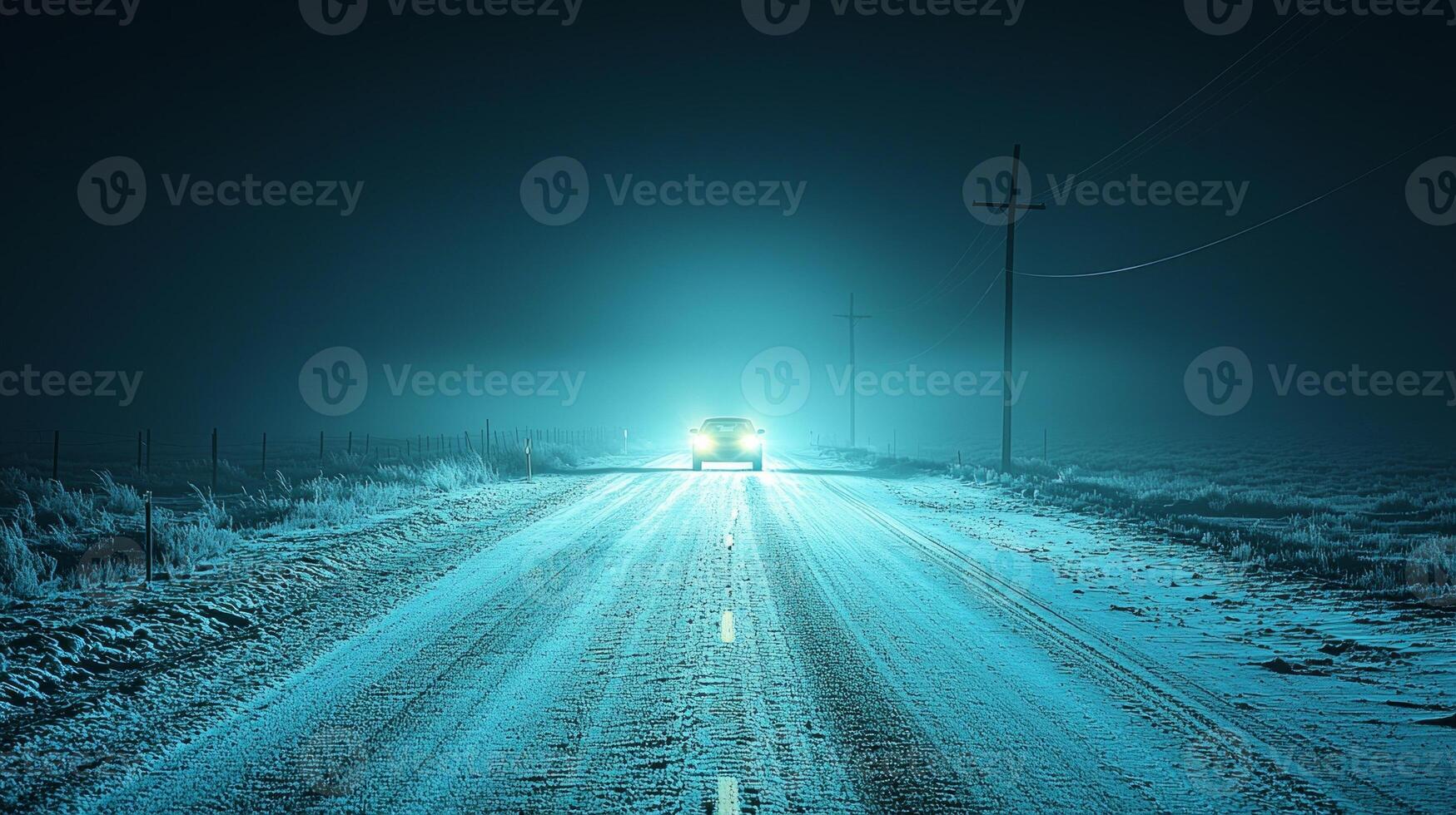 Cruising down lonely road night quick black car captures thrill of solitude. headlights cut through darkness revealing empty path ahead photo